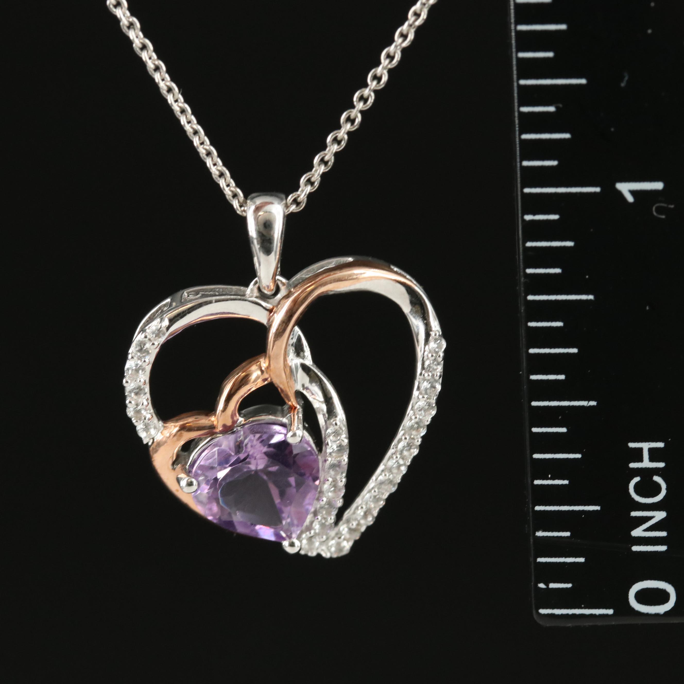 Sterling Amethyst and Sapphire Double Heart Pendant Necklace