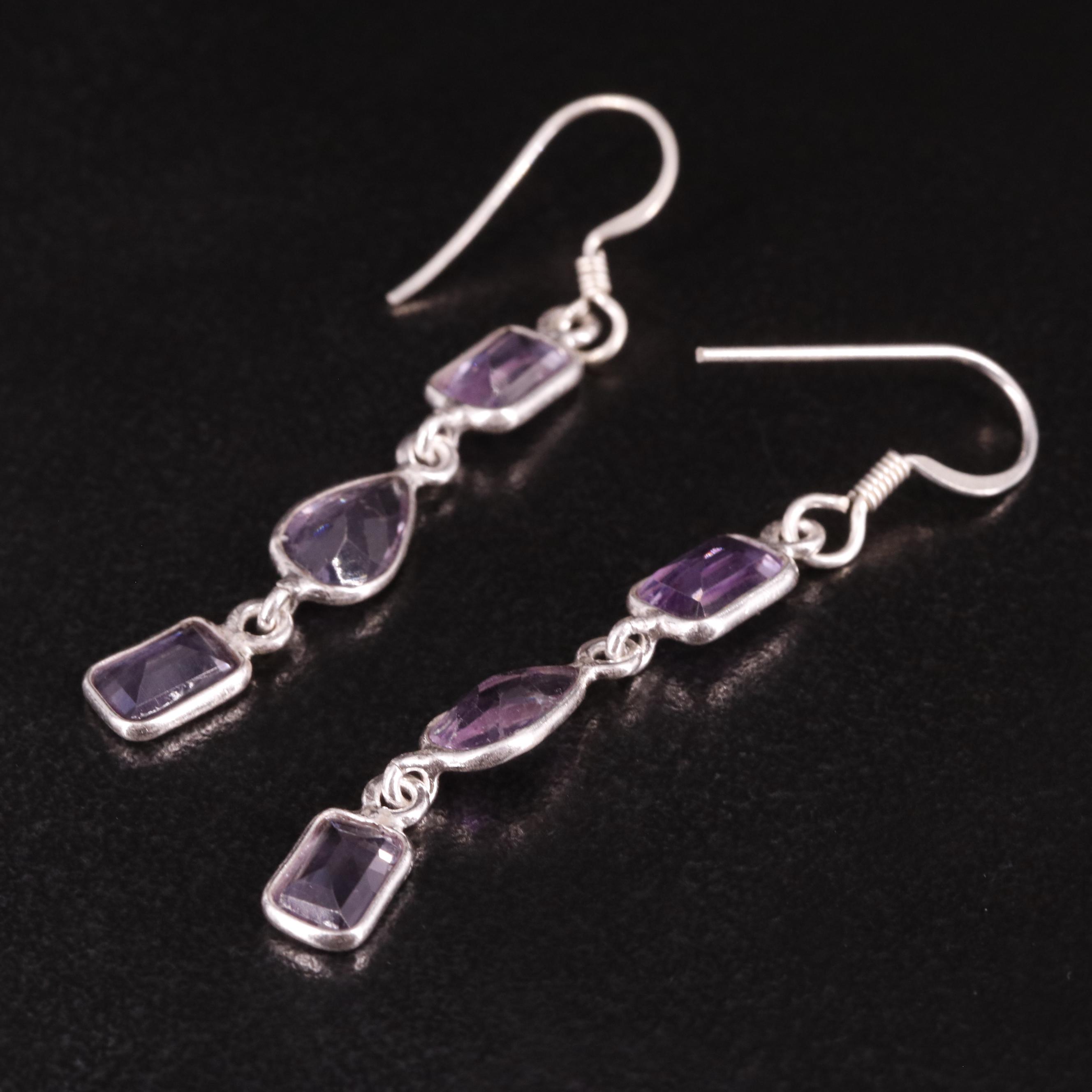 Sterling Amethyst Geometric Drop Earrings