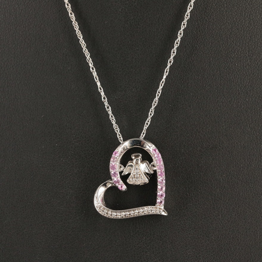 Sterling Sapphire Angel Heart Tremble Pendant Necklace