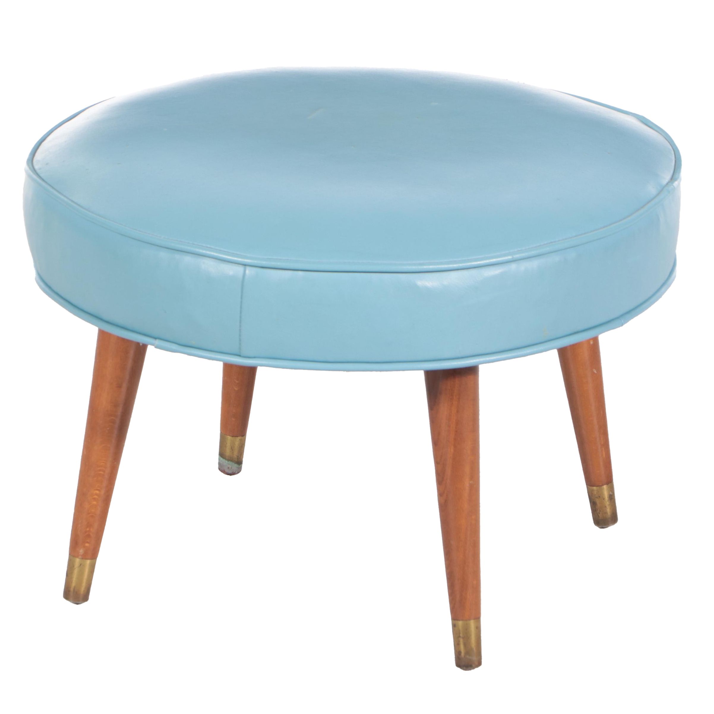 Mid Century Modern Beech and Blue Vinyl Footstool