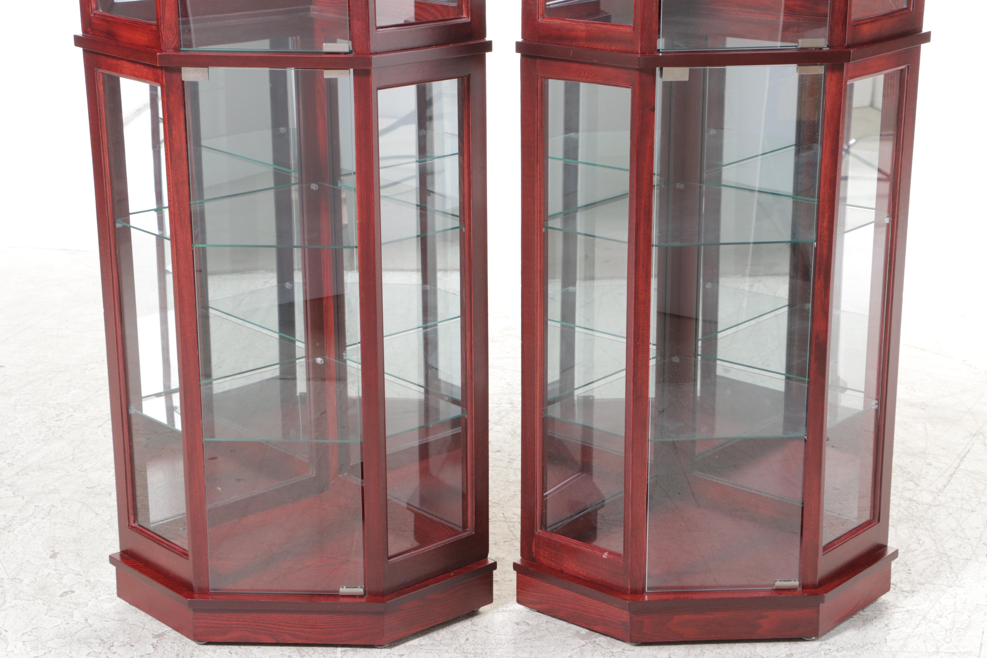 Pair of Mahogany Finish and Glass Illuminated Corner Display Cabinets