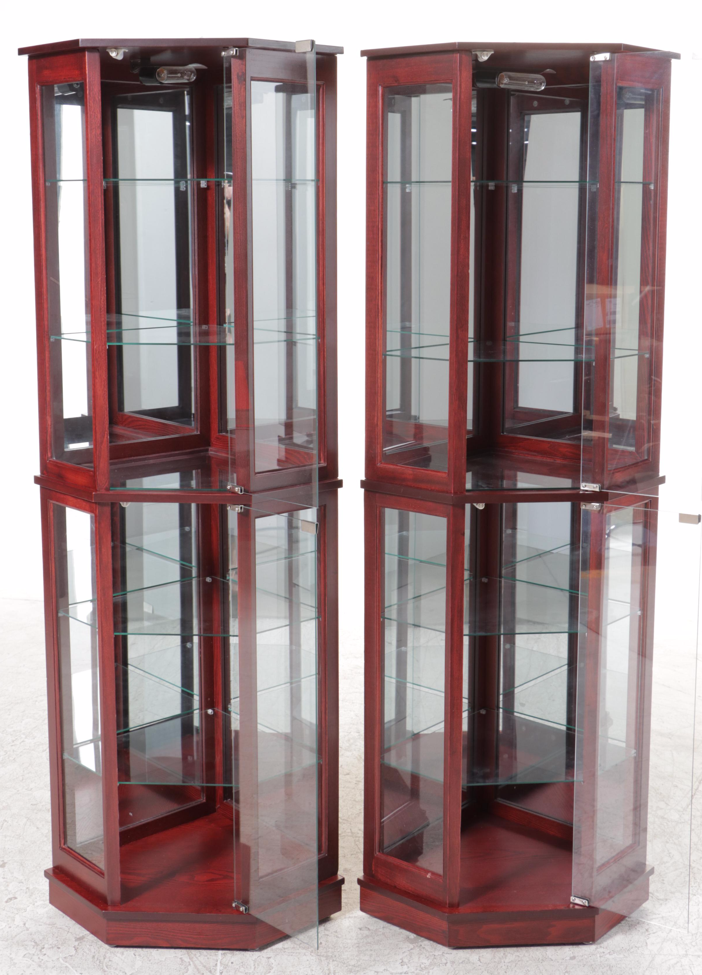 Pair of Mahogany Finish and Glass Illuminated Corner Display Cabinets