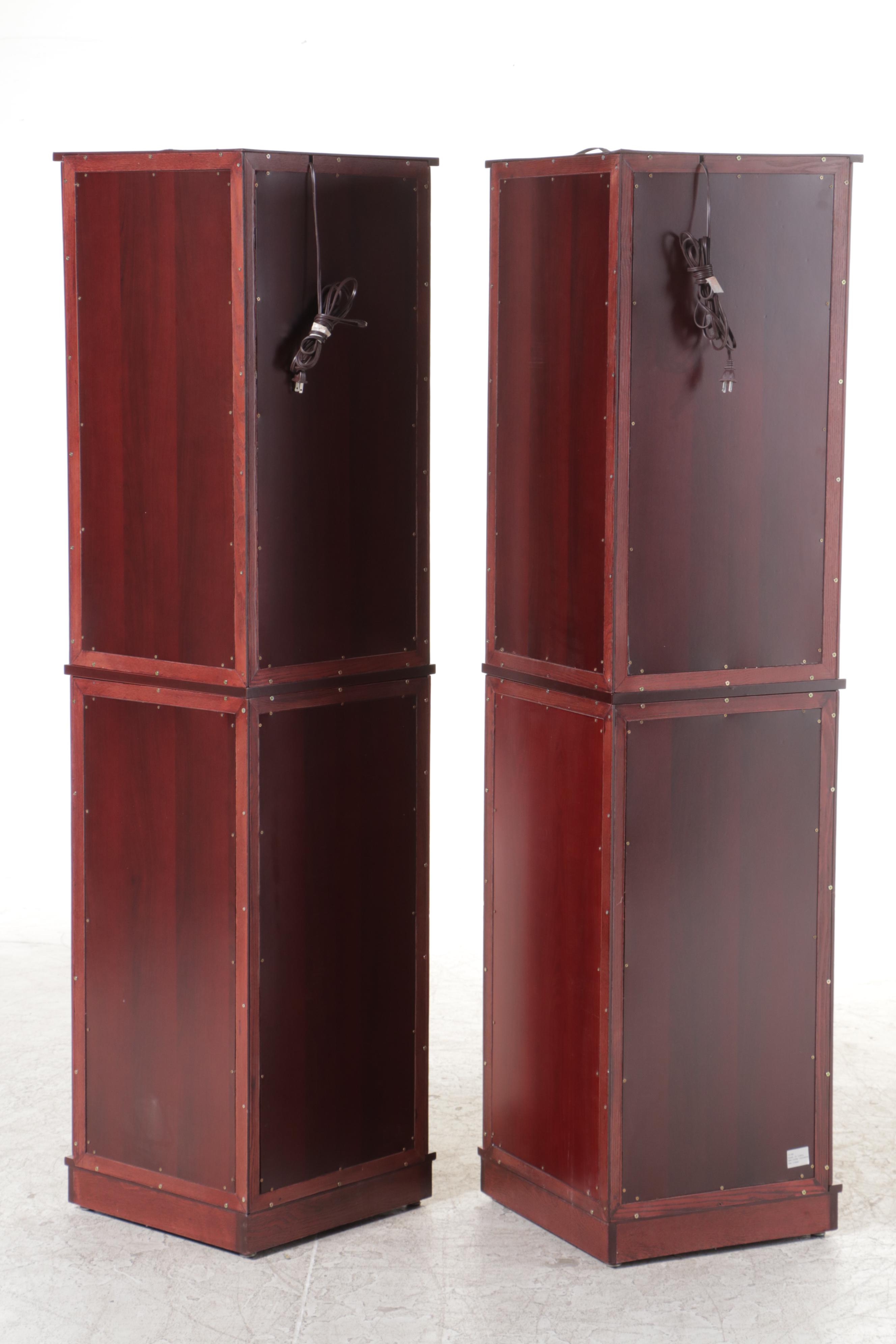Pair of Mahogany Finish and Glass Illuminated Corner Display Cabinets
