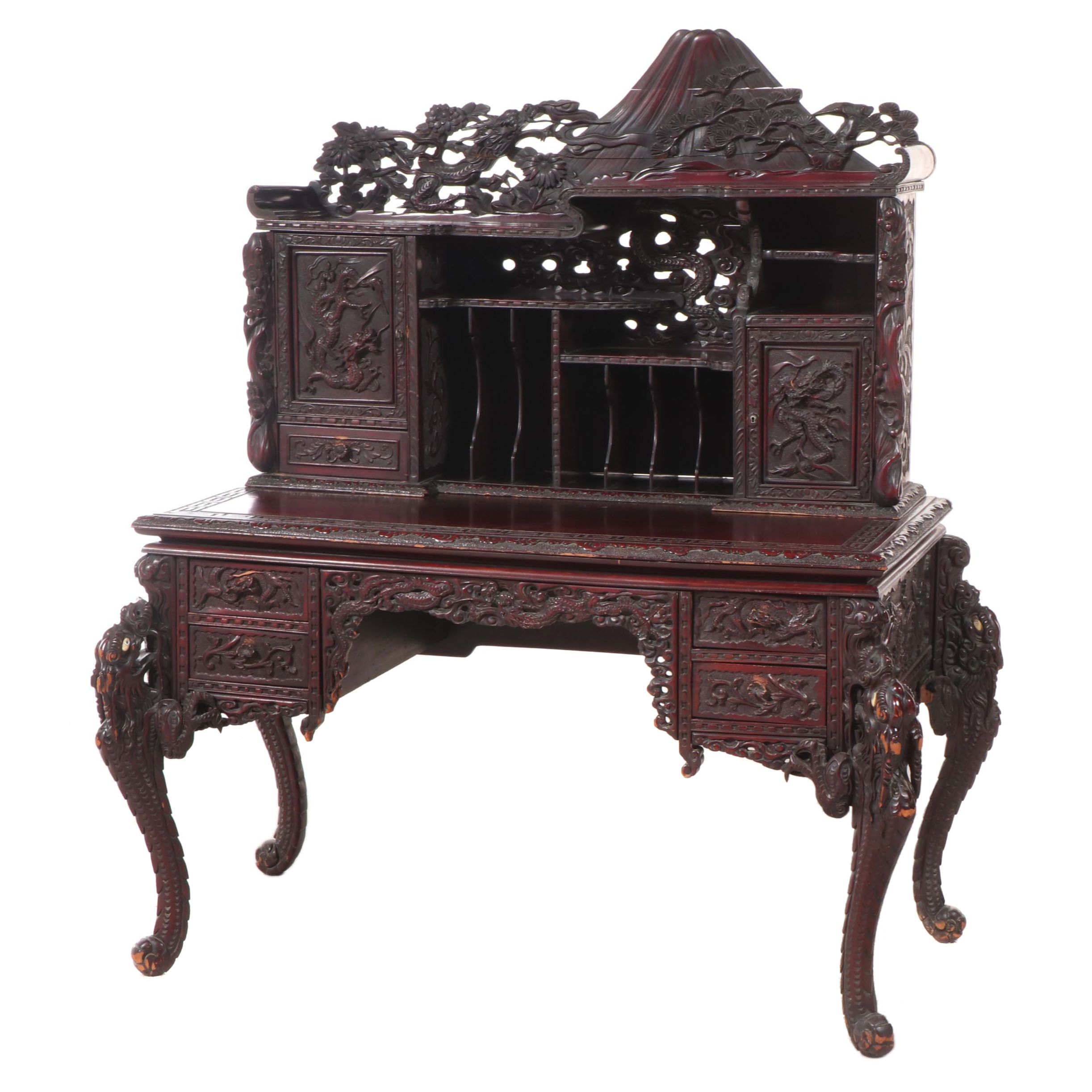 Japanese Heavily Carved Hardwood Dragon Desk with Mount Fuji Crest, Circa 1900