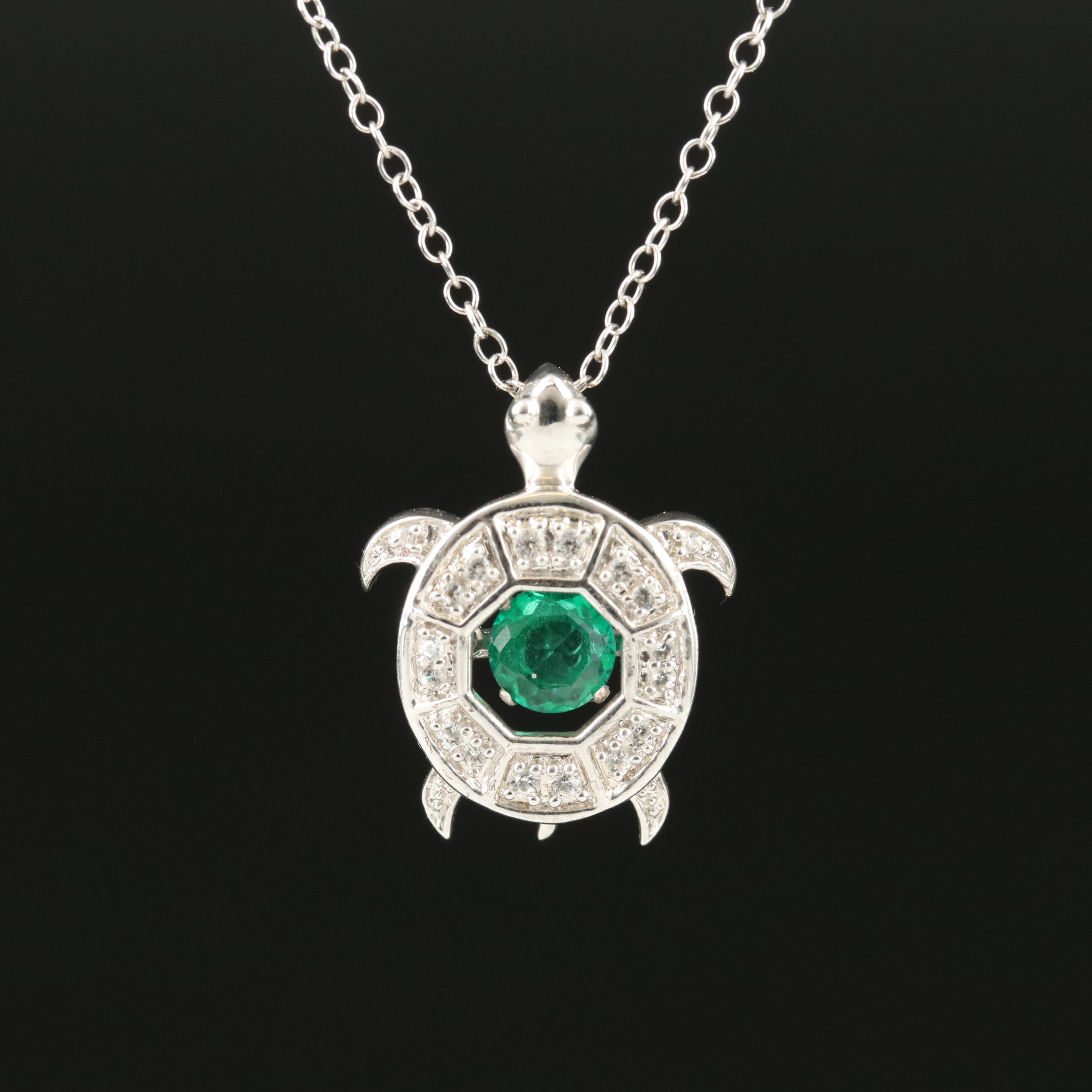 Sterling Emerald and Topaz Turtle Pendant Necklace