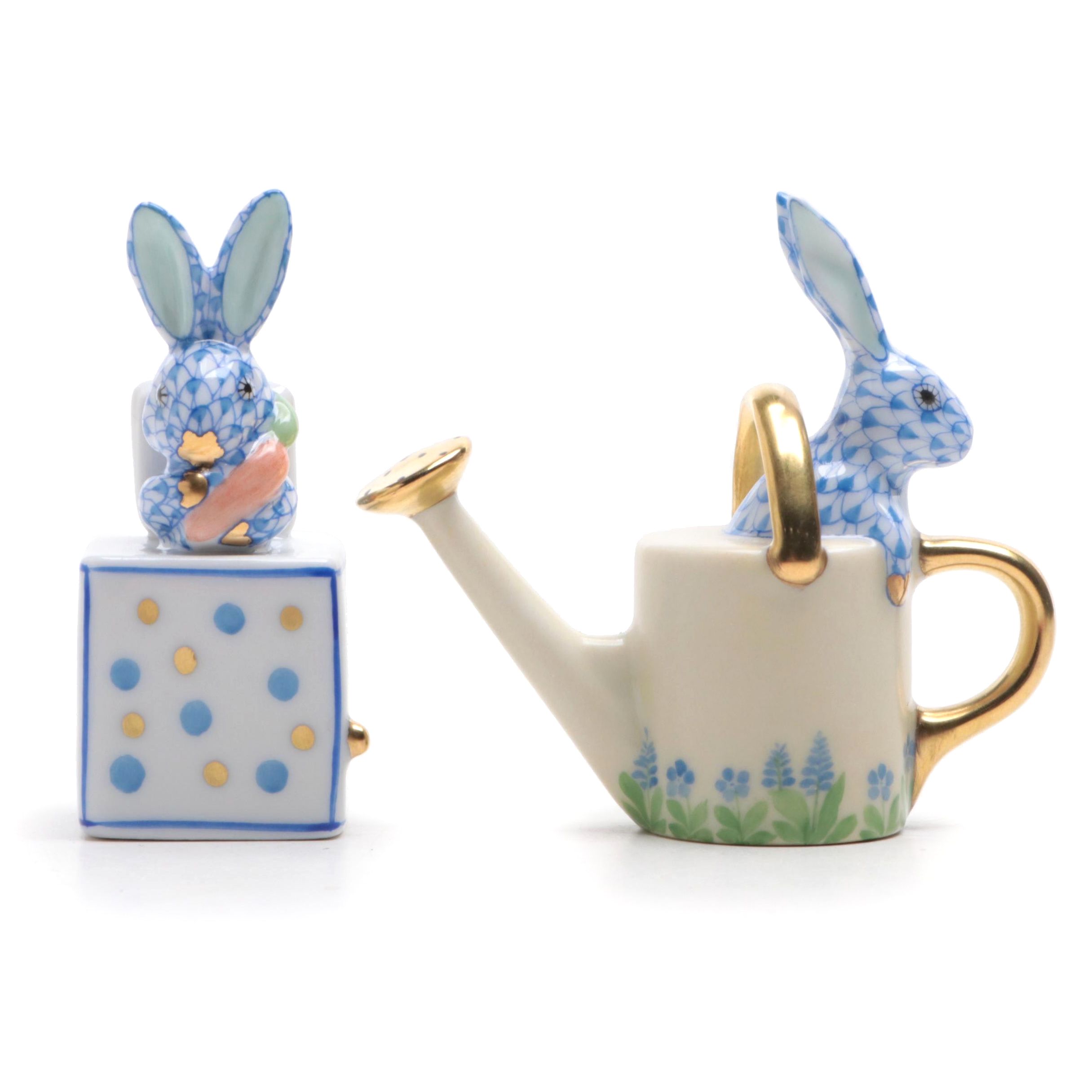 Herend Porcelain Blue Fishnet Bunnies in Box and Watering Can
