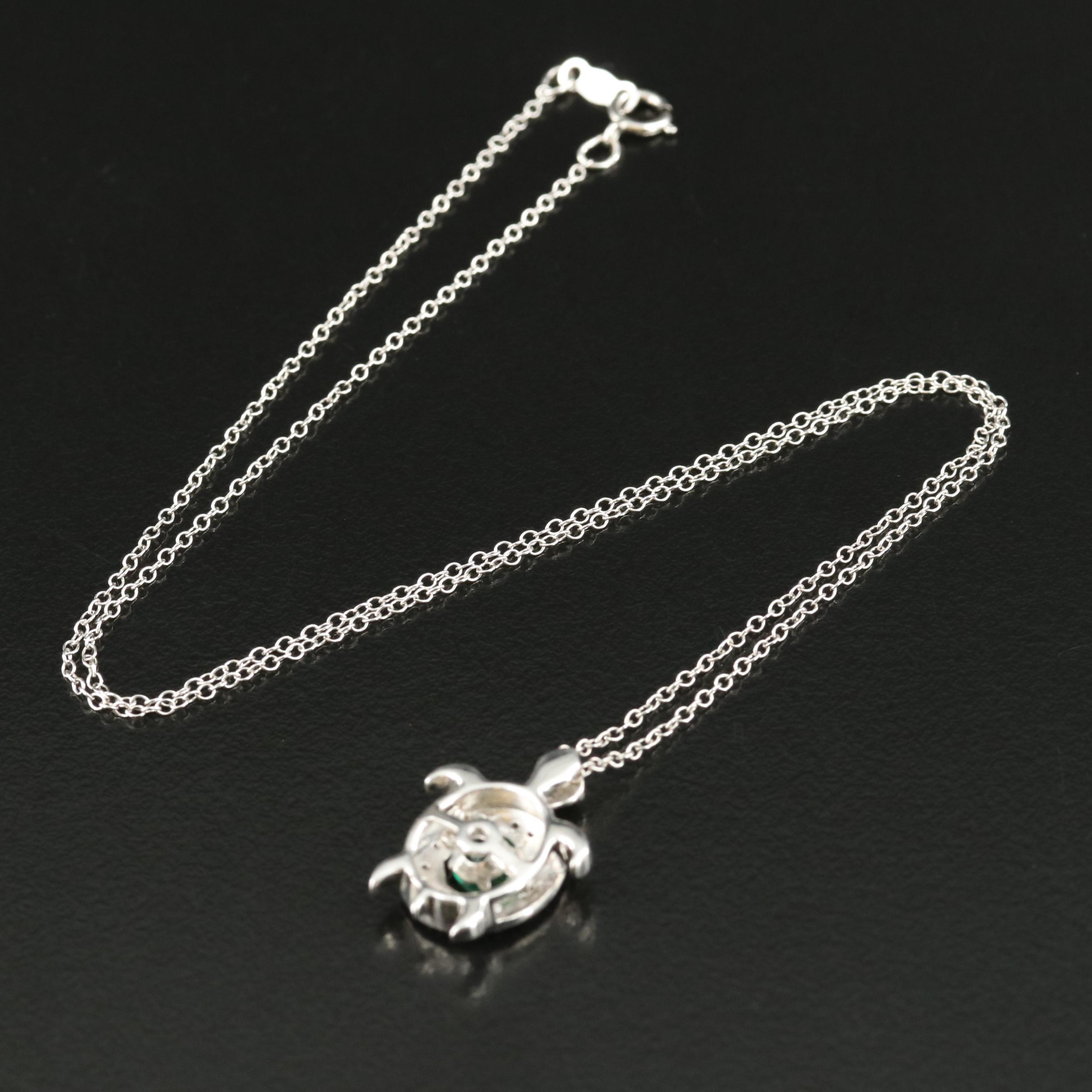 Sterling Emerald and Topaz Turtle Pendant Necklace