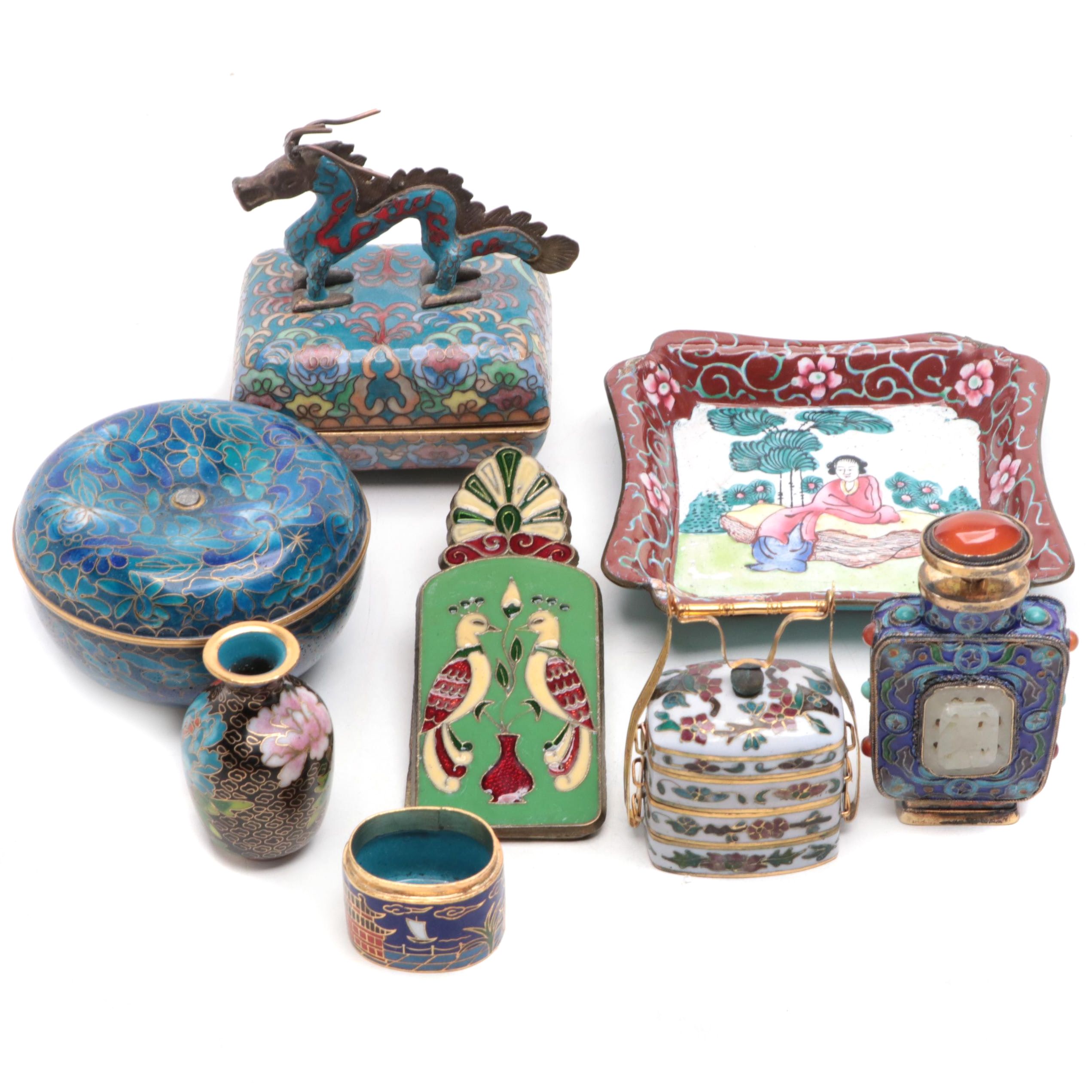 Cloisonné Trinket Boxes, Snuff Bottle, Miniatures and More