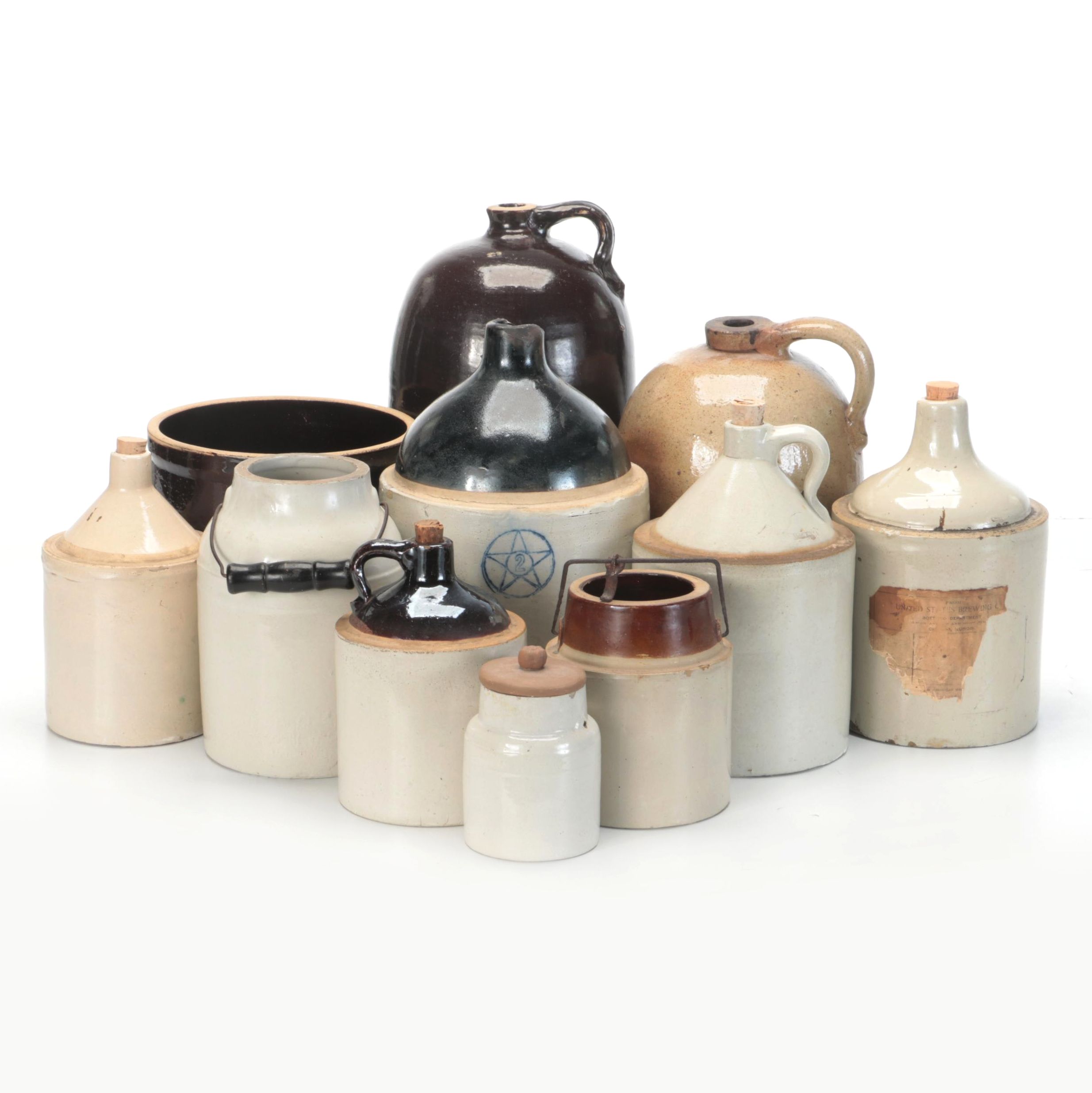 United States Brewing, Buckeye Pottery with Other Stoneware Jugs and Crocks