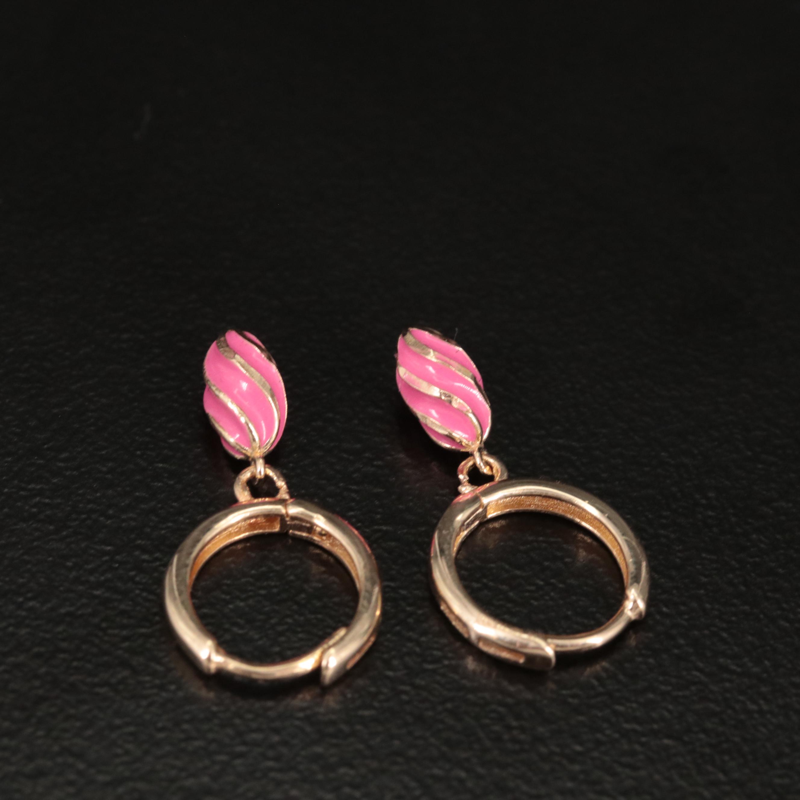 14K Huggie with Dangling Pink Oval Earrings