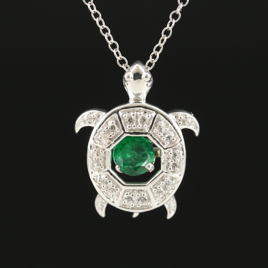 Sterling Emerald and Topaz Turtle Pendant Necklace