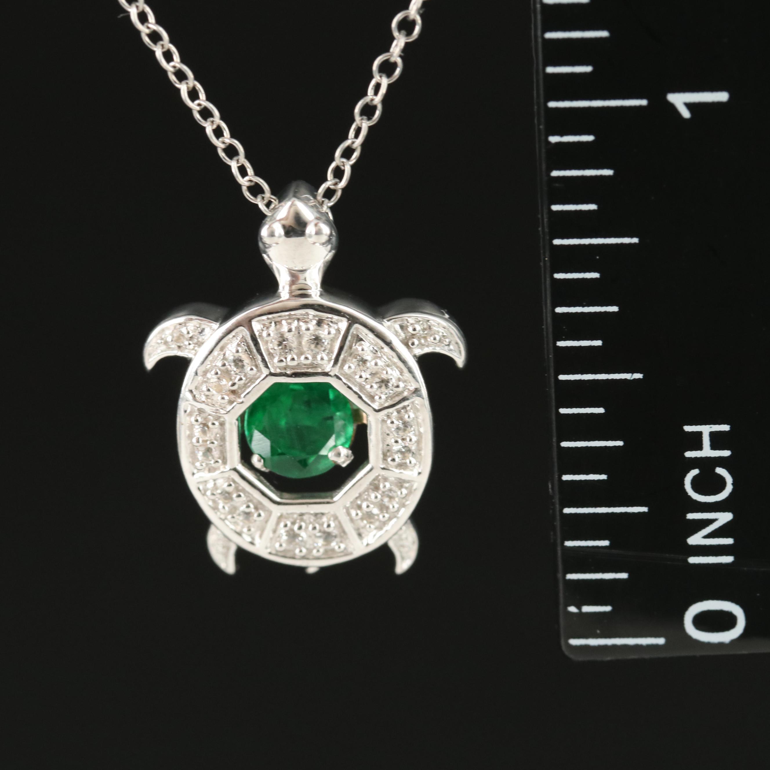Sterling Emerald and Topaz Turtle Pendant Necklace