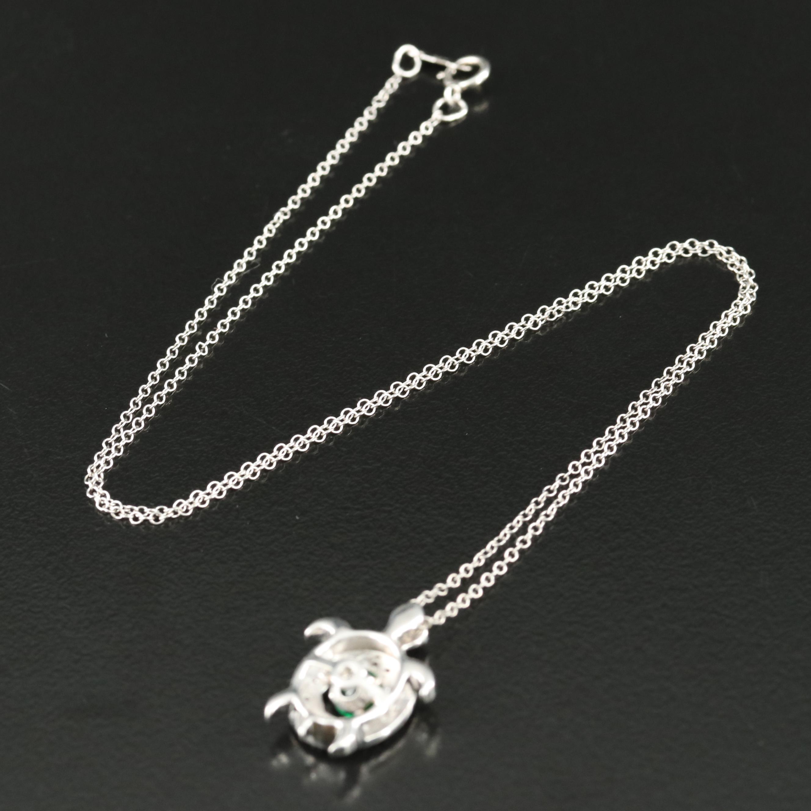 Sterling Emerald and Topaz Turtle Pendant Necklace