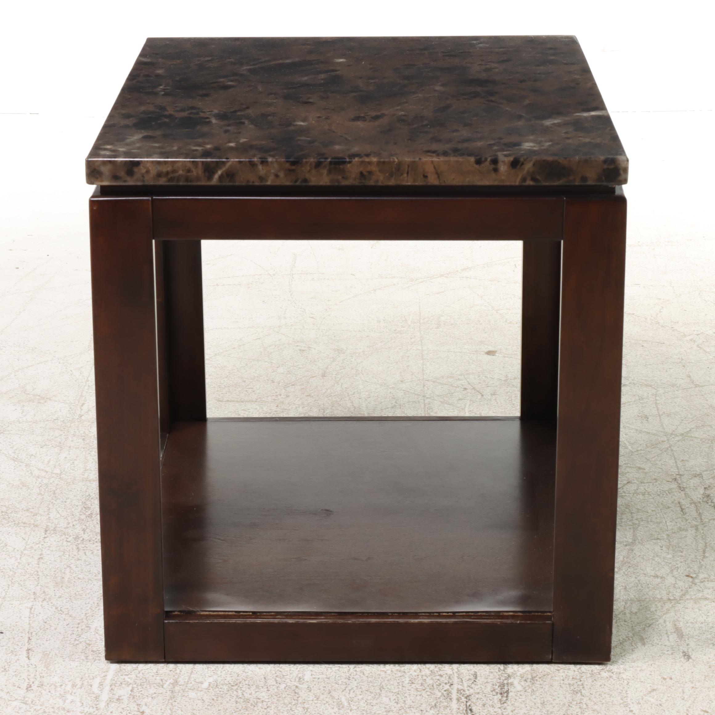 Pair of Standard Furniture "Bella" Faux-Marble Side Tables in Deep Brown Finish