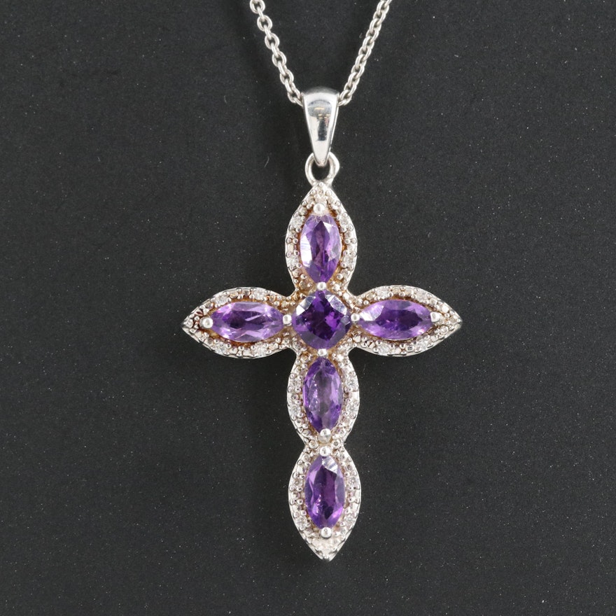 Sterling Amethyst and Sapphire Cross Pendant Necklace