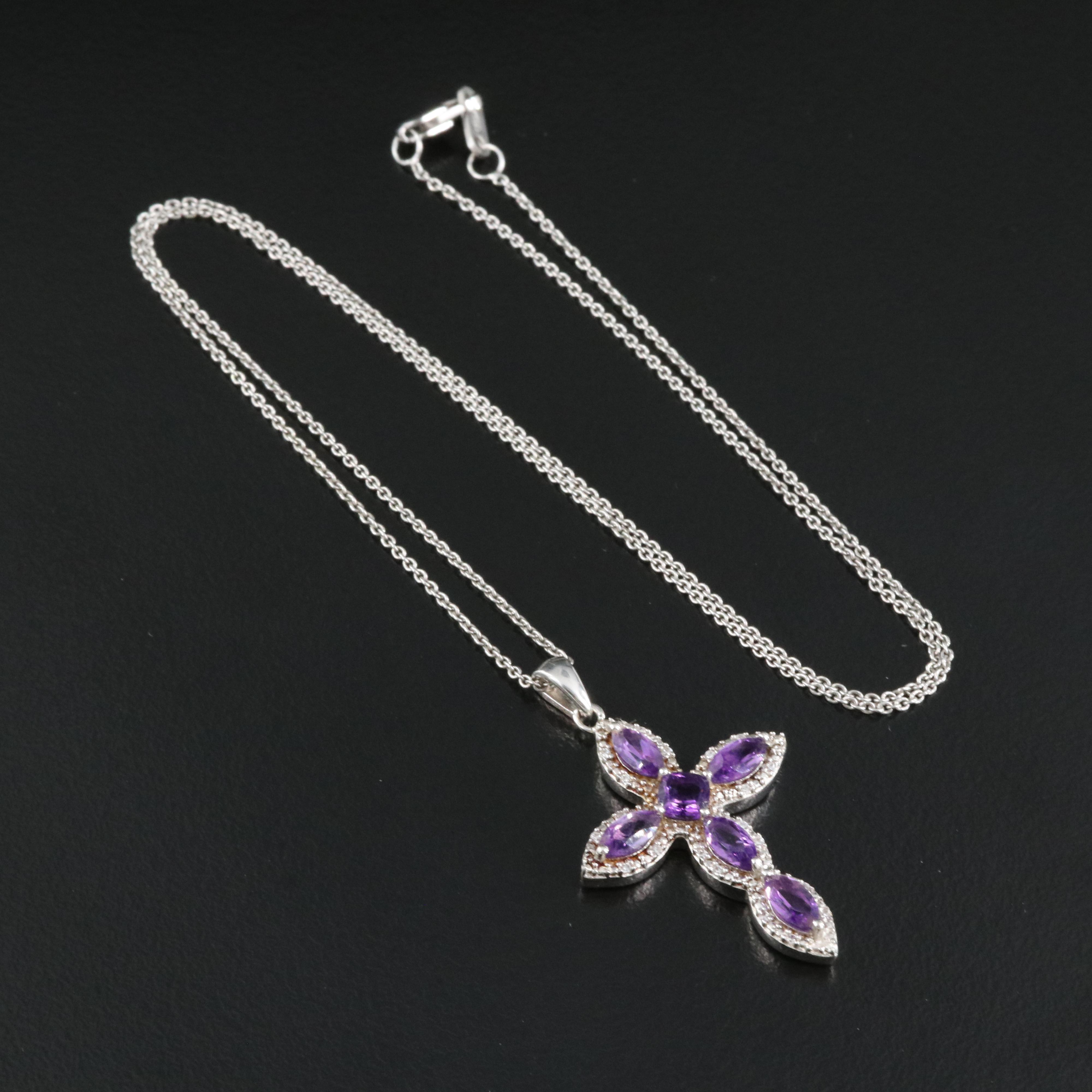 Sterling Amethyst and Sapphire Cross Pendant Necklace