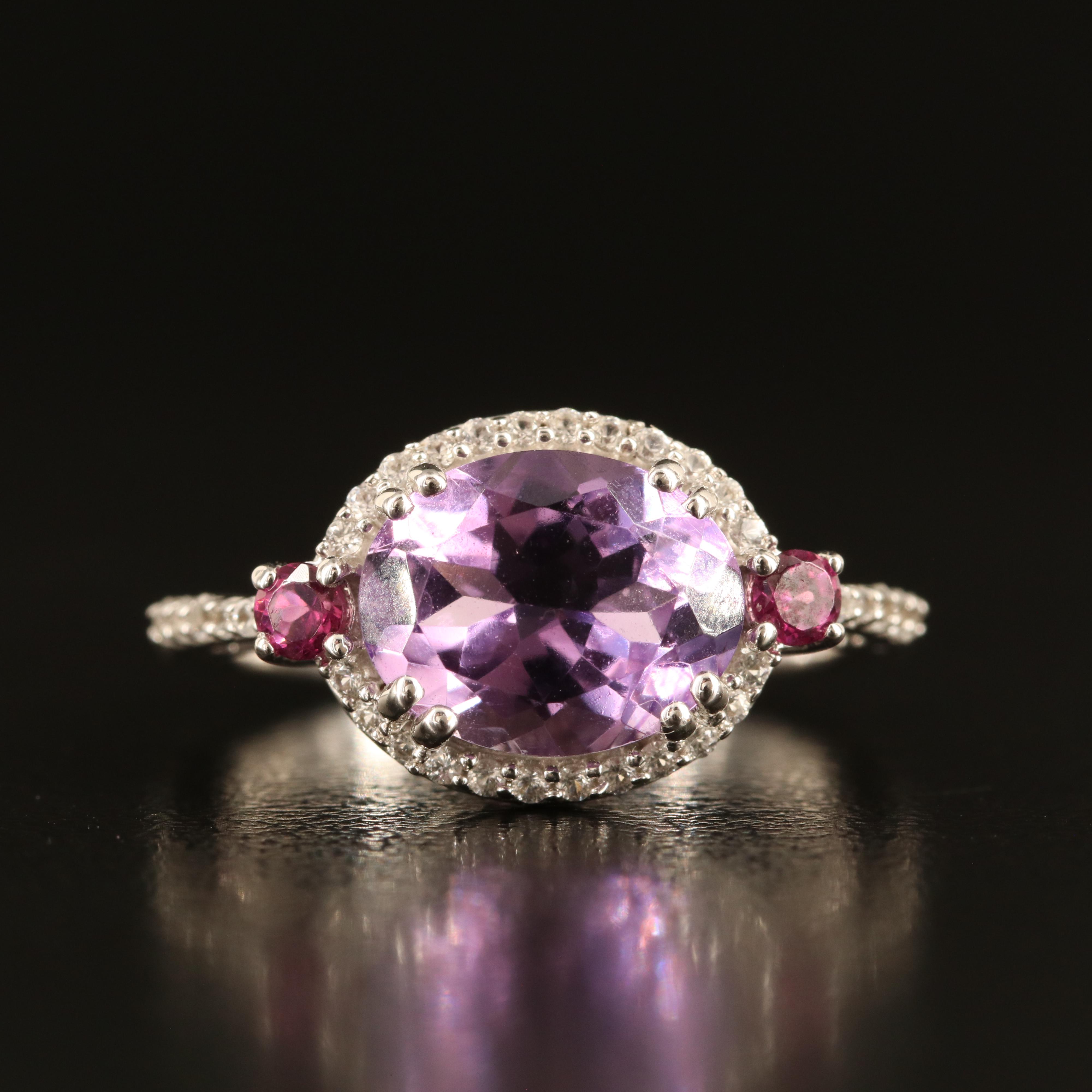 Sterling Amethyst, Garnet and White Sapphire Ring