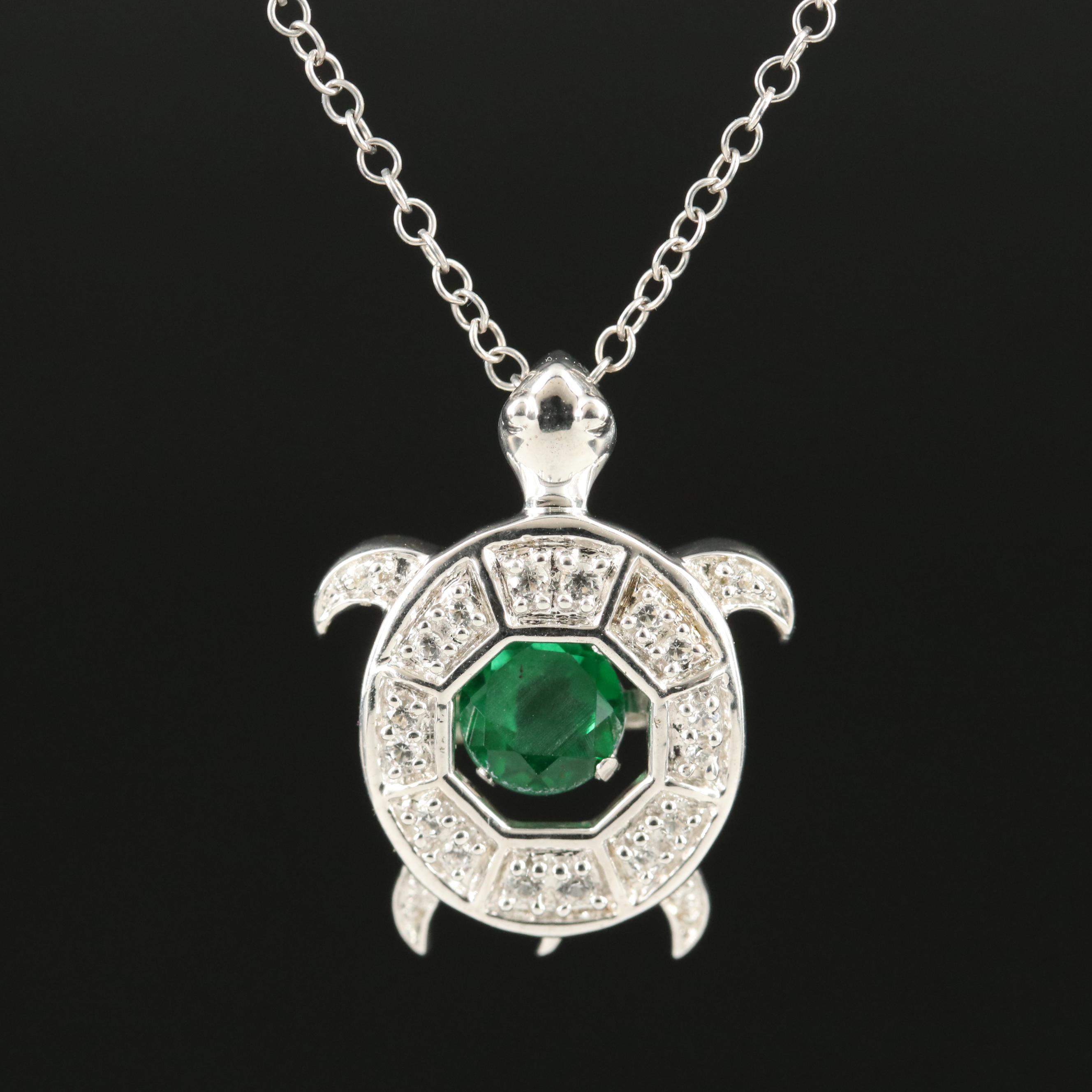Sterling Emerald and Topaz Turtle Pendant Necklace