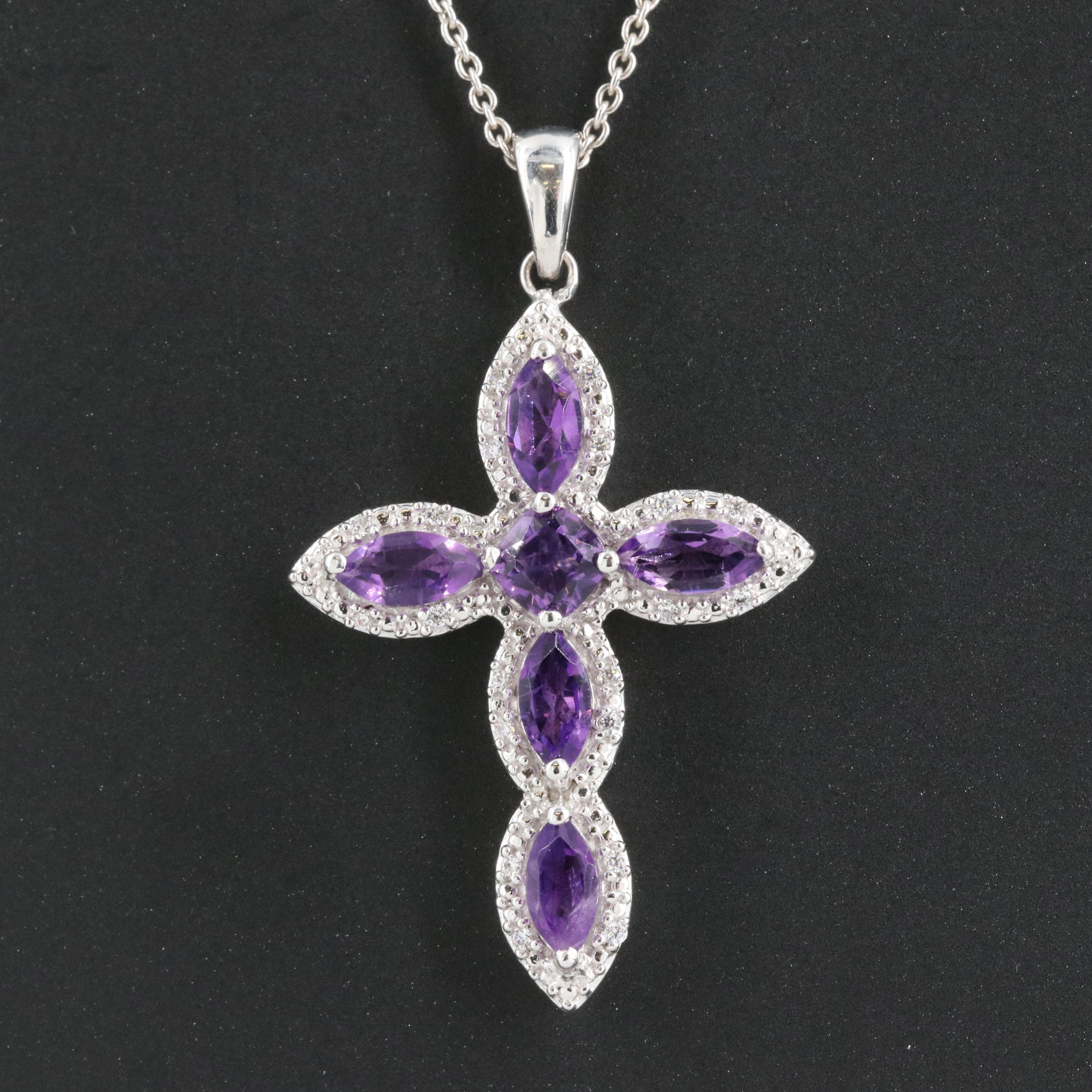 Sterling Amethyst and Sapphire Cross Pendant Necklace