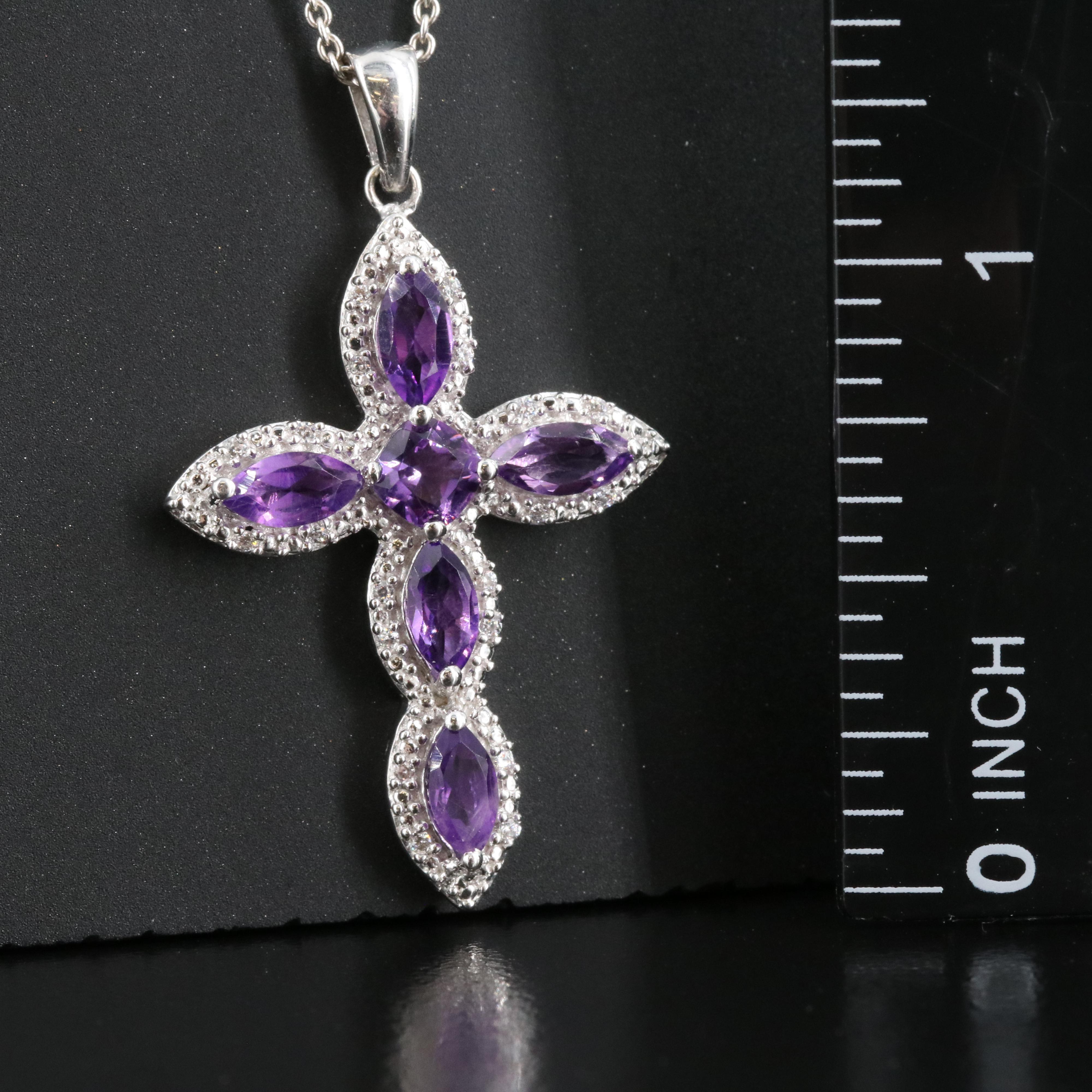 Sterling Amethyst and Sapphire Cross Pendant Necklace