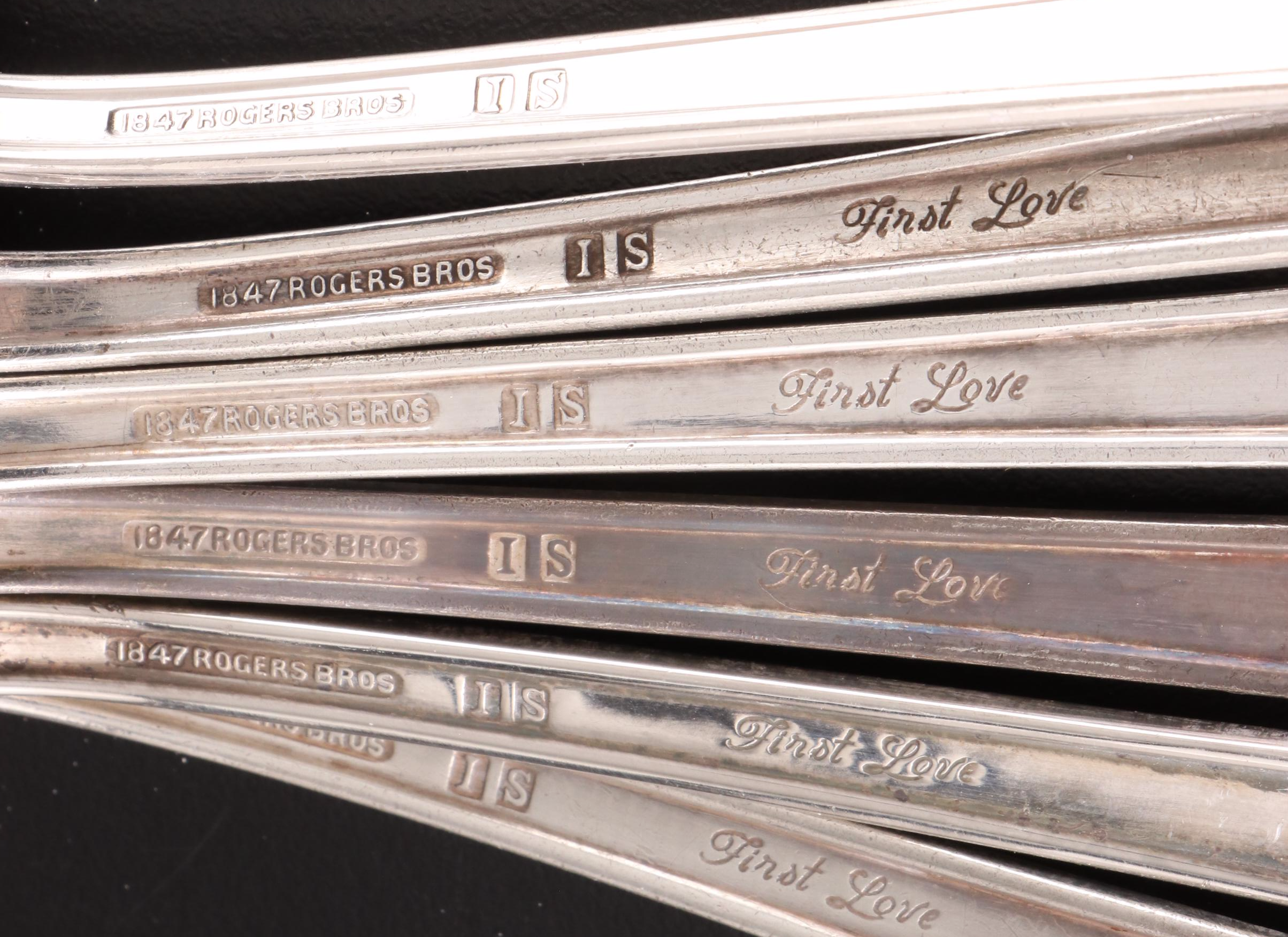 Rogers Bros "First Love" Silver Plate Flatware with Silver Plate Serveware