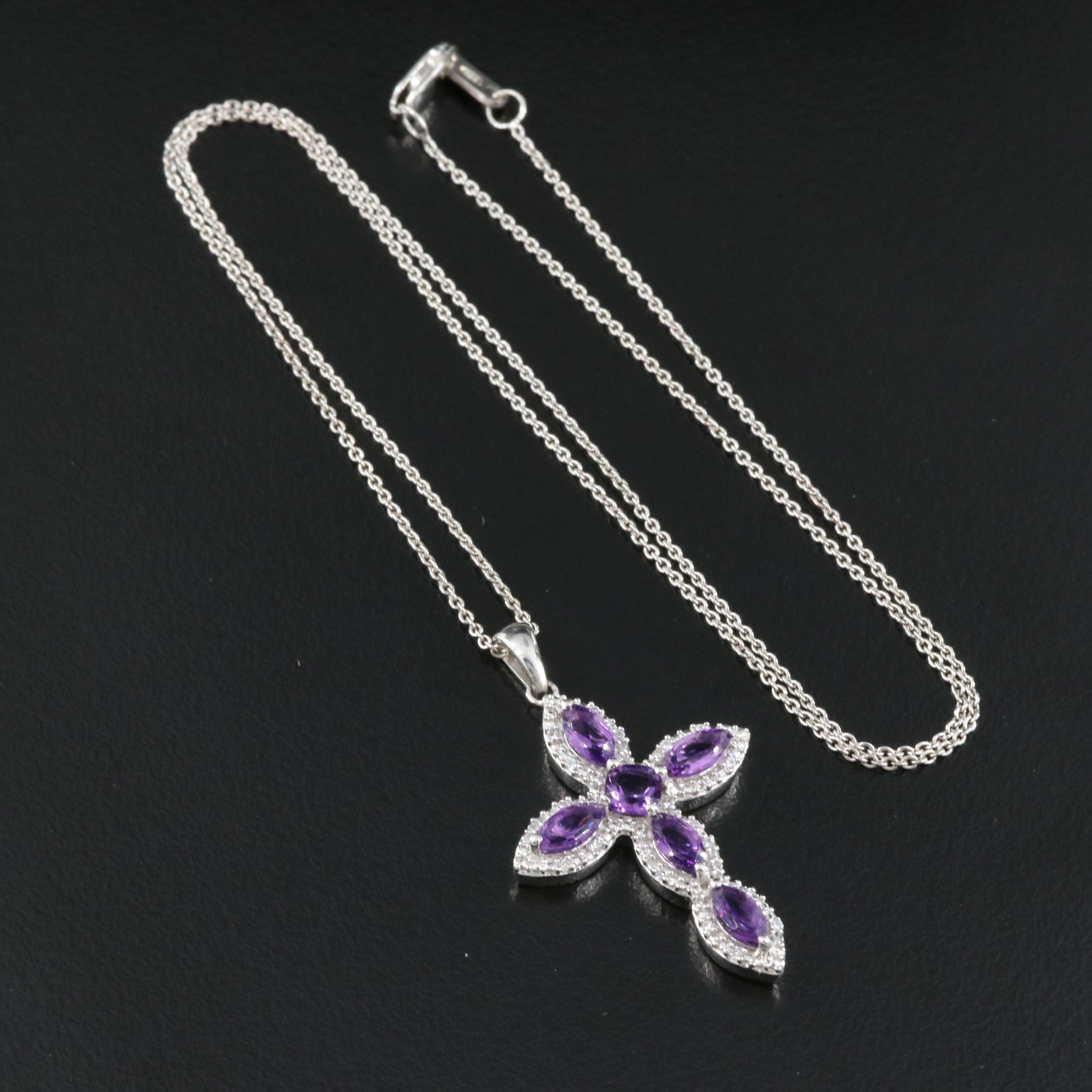 Sterling Amethyst and Sapphire Cross Pendant Necklace
