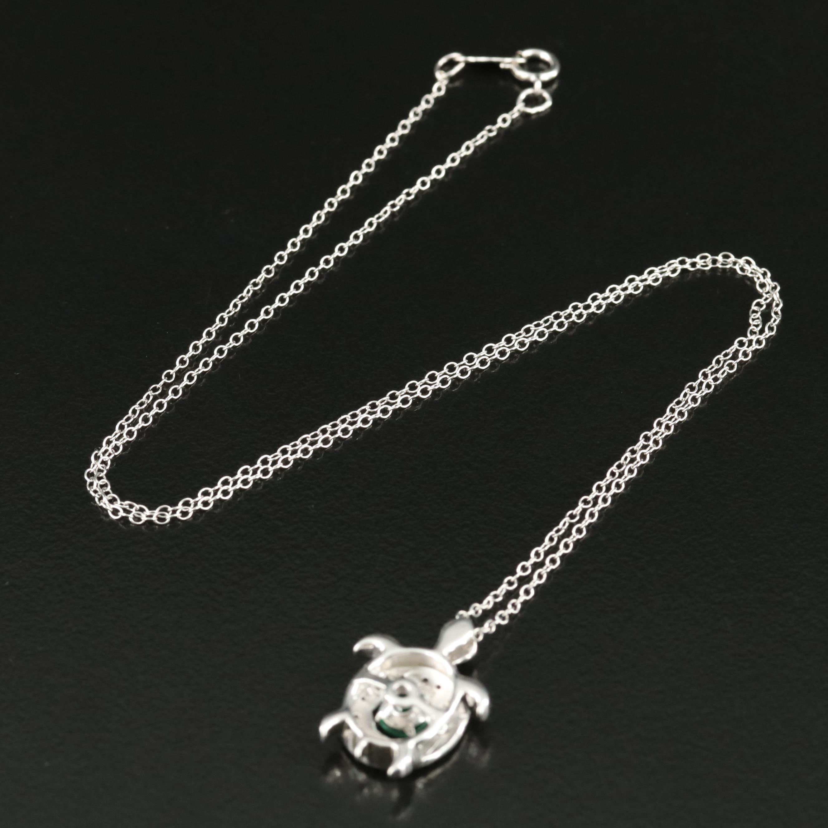 Sterling Emerald and Topaz Turtle Pendant Necklace