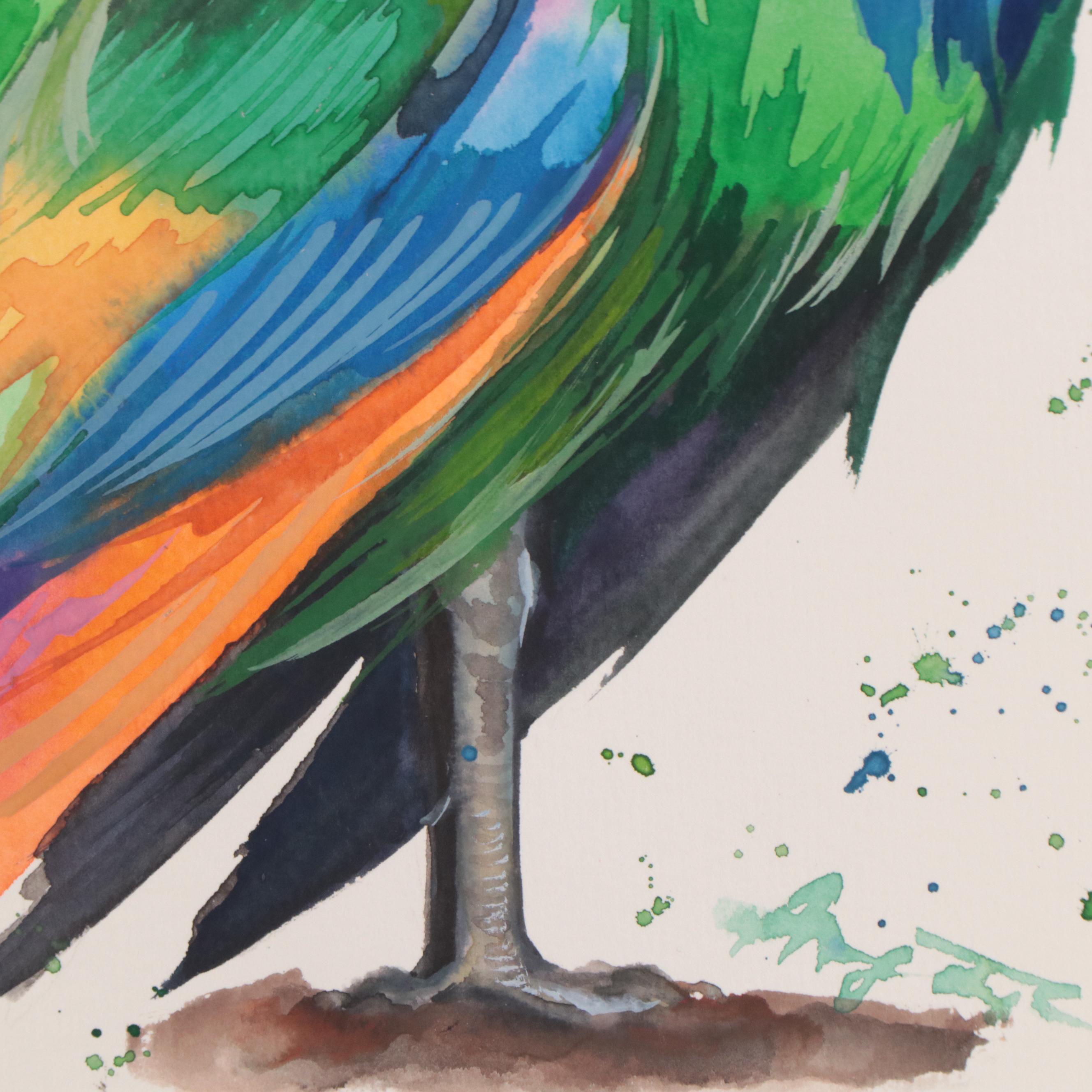 Anne Gorywine Watercolor Painting of Peacock, 21st Century