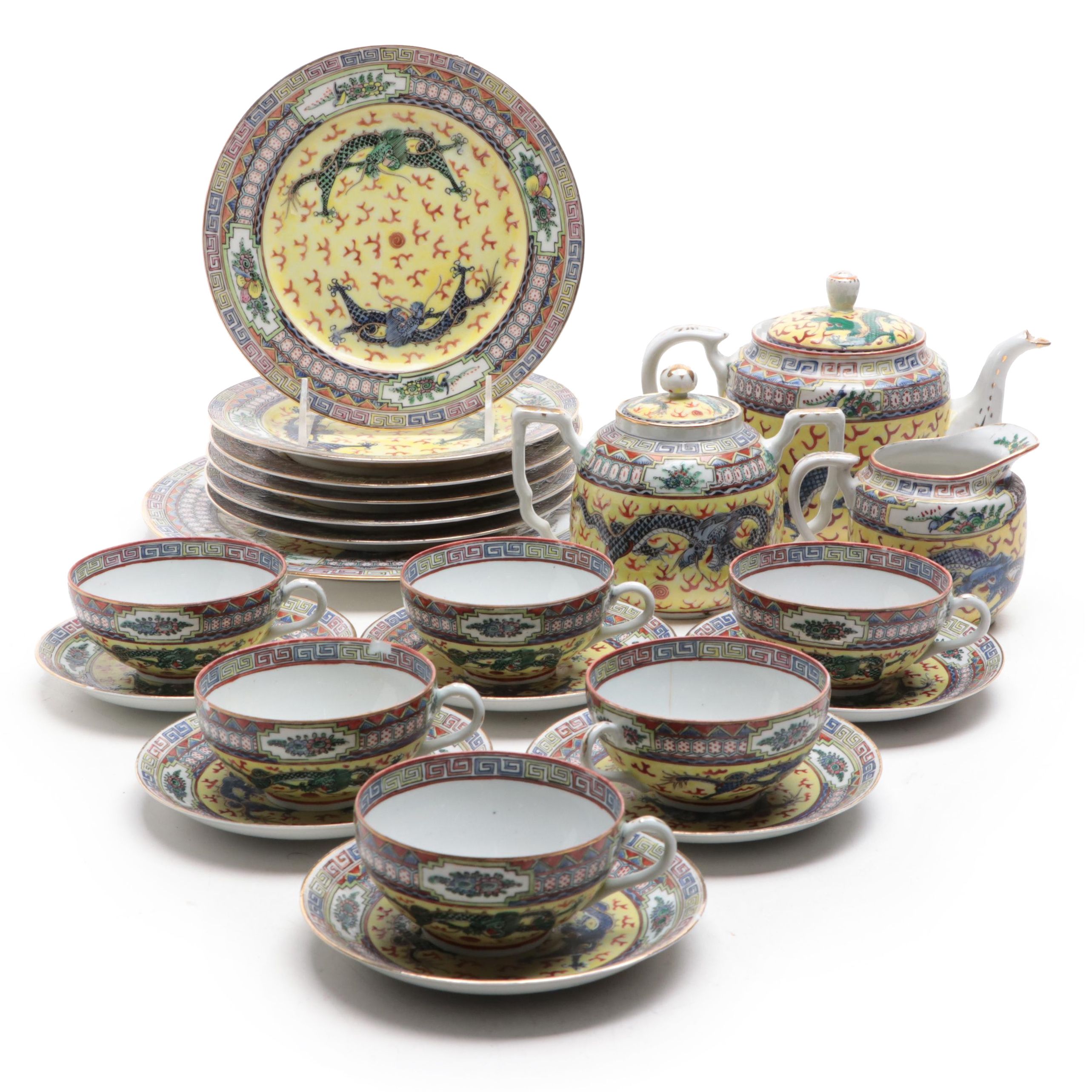 Chinese Famille Jaune Dragon Chasing Pearl Porcelain Tea and Dessert Set