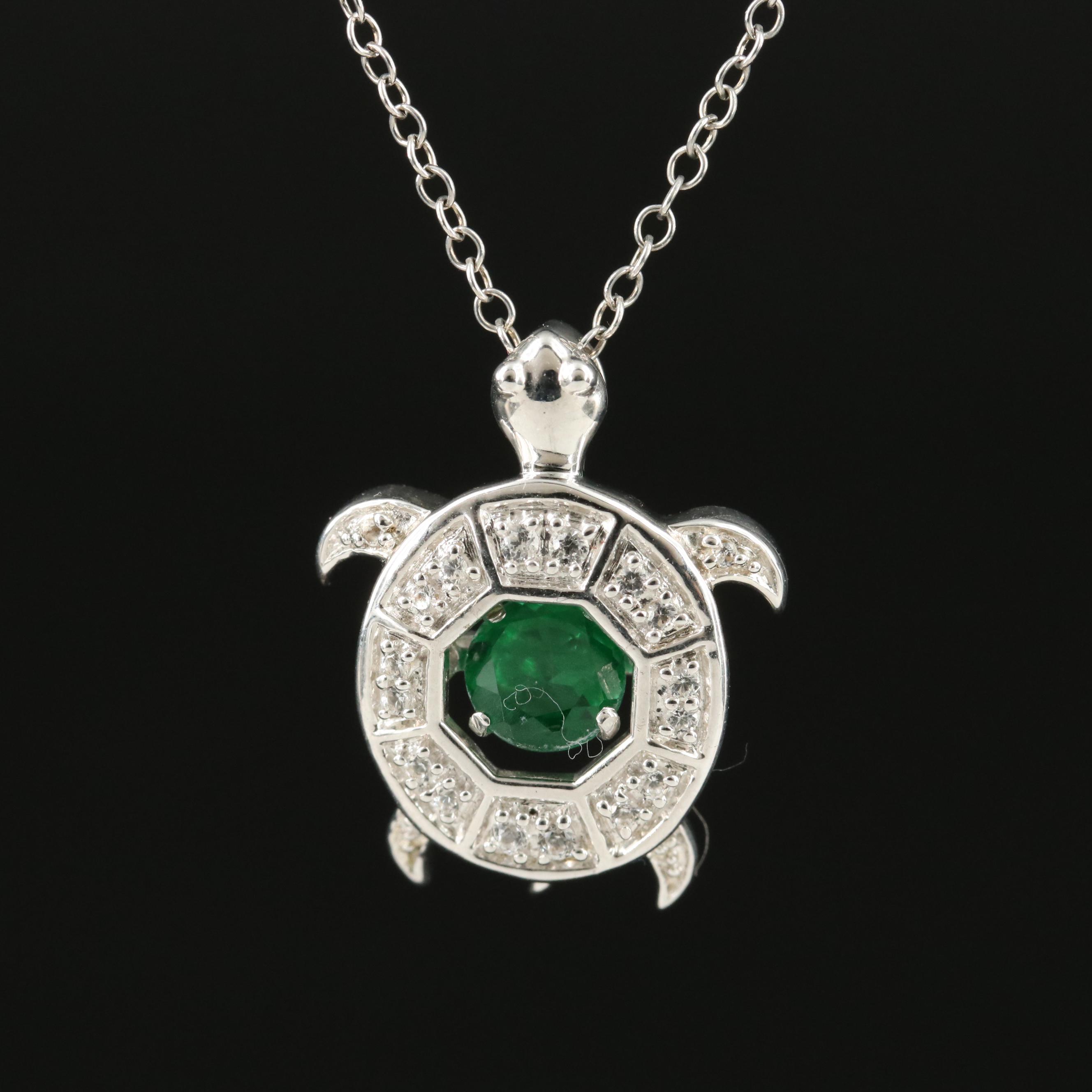 Sterling Emerald and Topaz Turtle Pendant Necklace