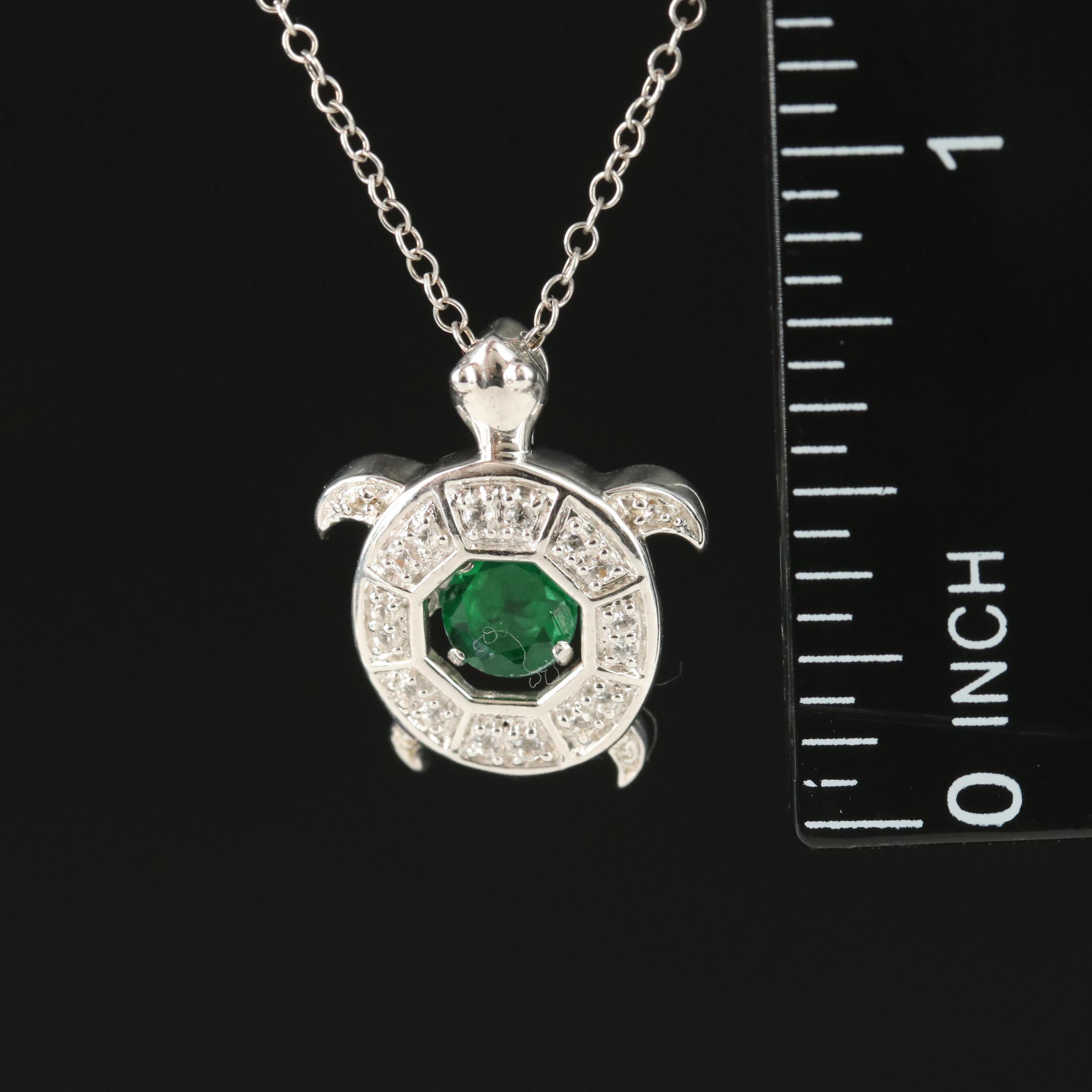 Sterling Emerald and Topaz Turtle Pendant Necklace