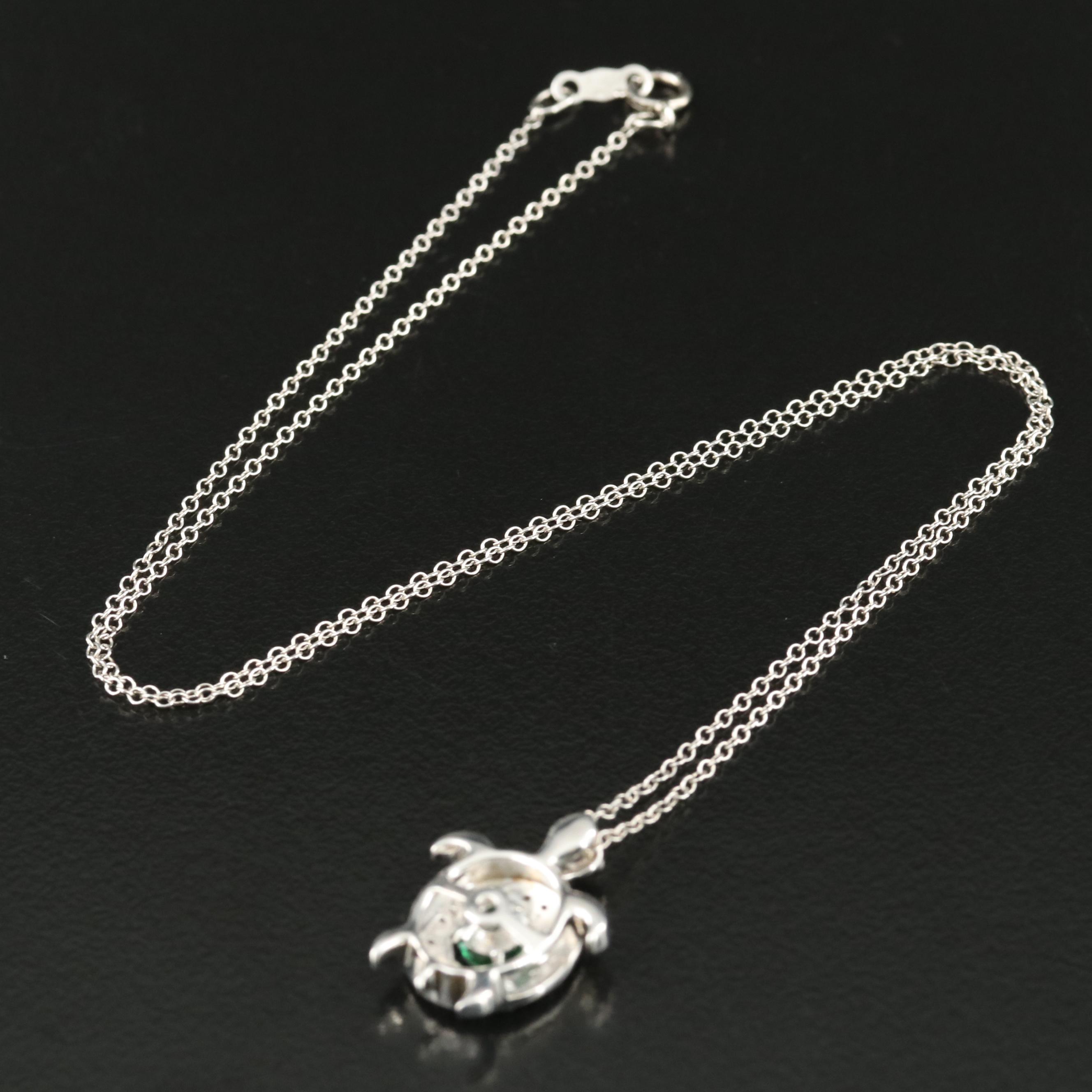 Sterling Emerald and Topaz Turtle Pendant Necklace