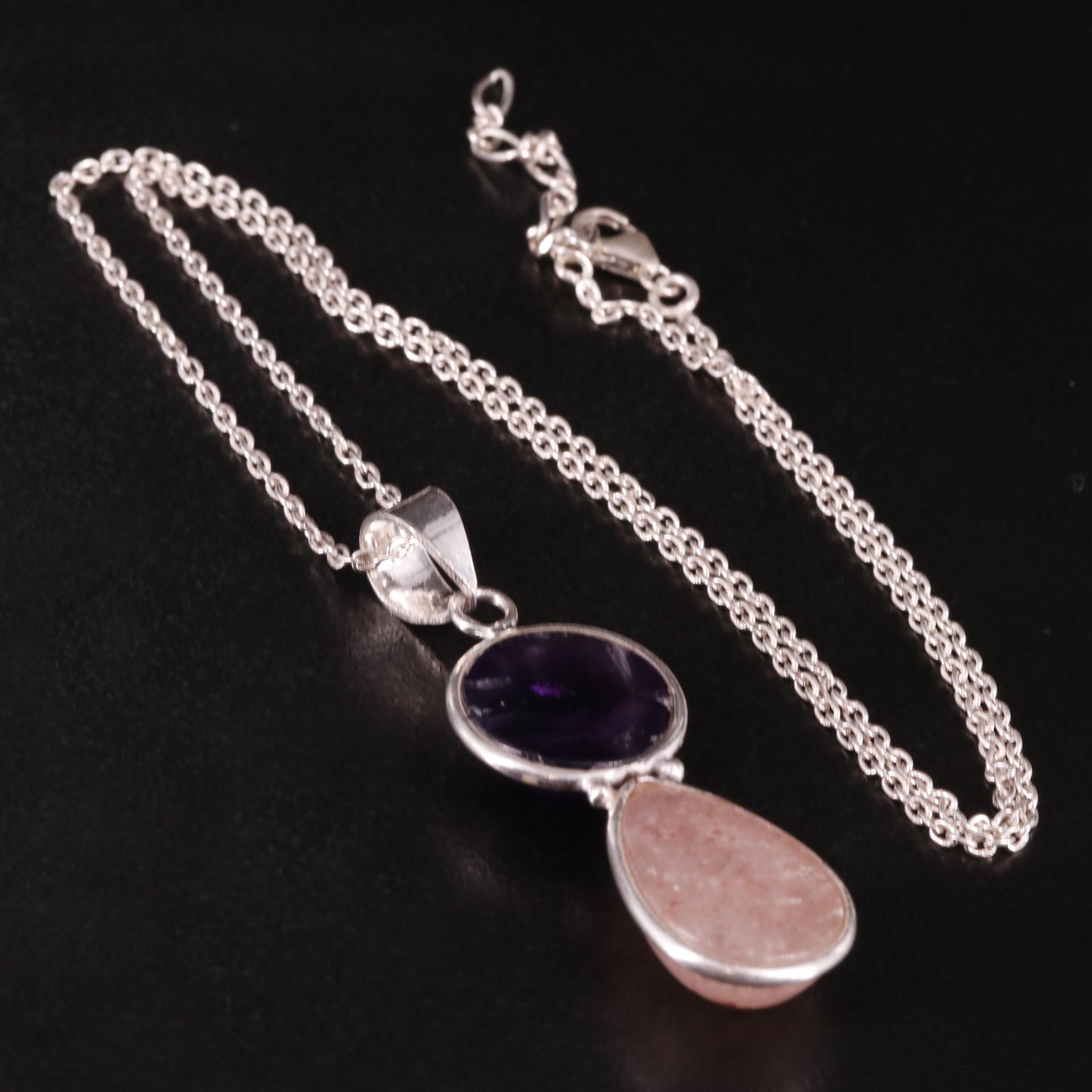 Sterling Amethyst and Aventurine Pendant Necklace