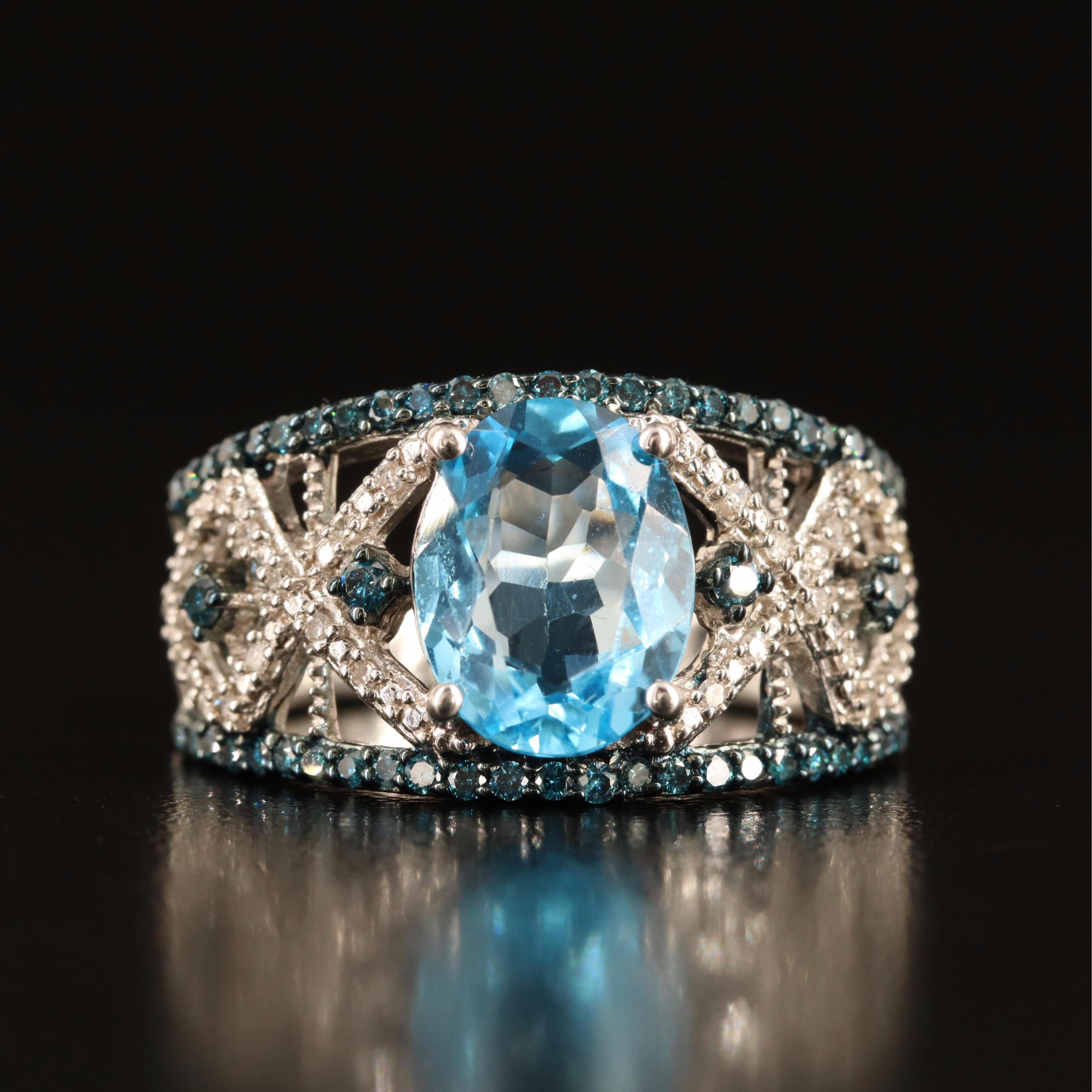 Sterling Swiss Blue Topaz and Diamond Ring