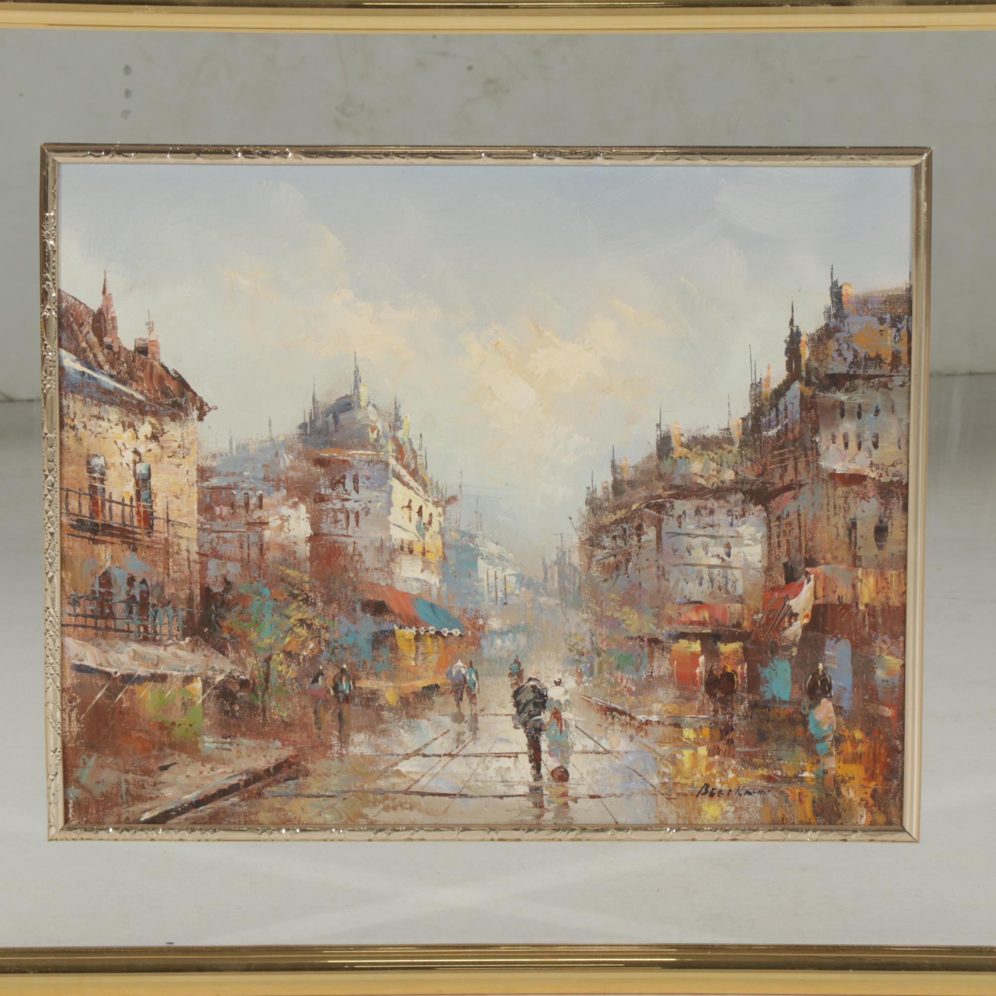 European City Street Scene Oil Painting In Mirrored Frame, Late 20th Century