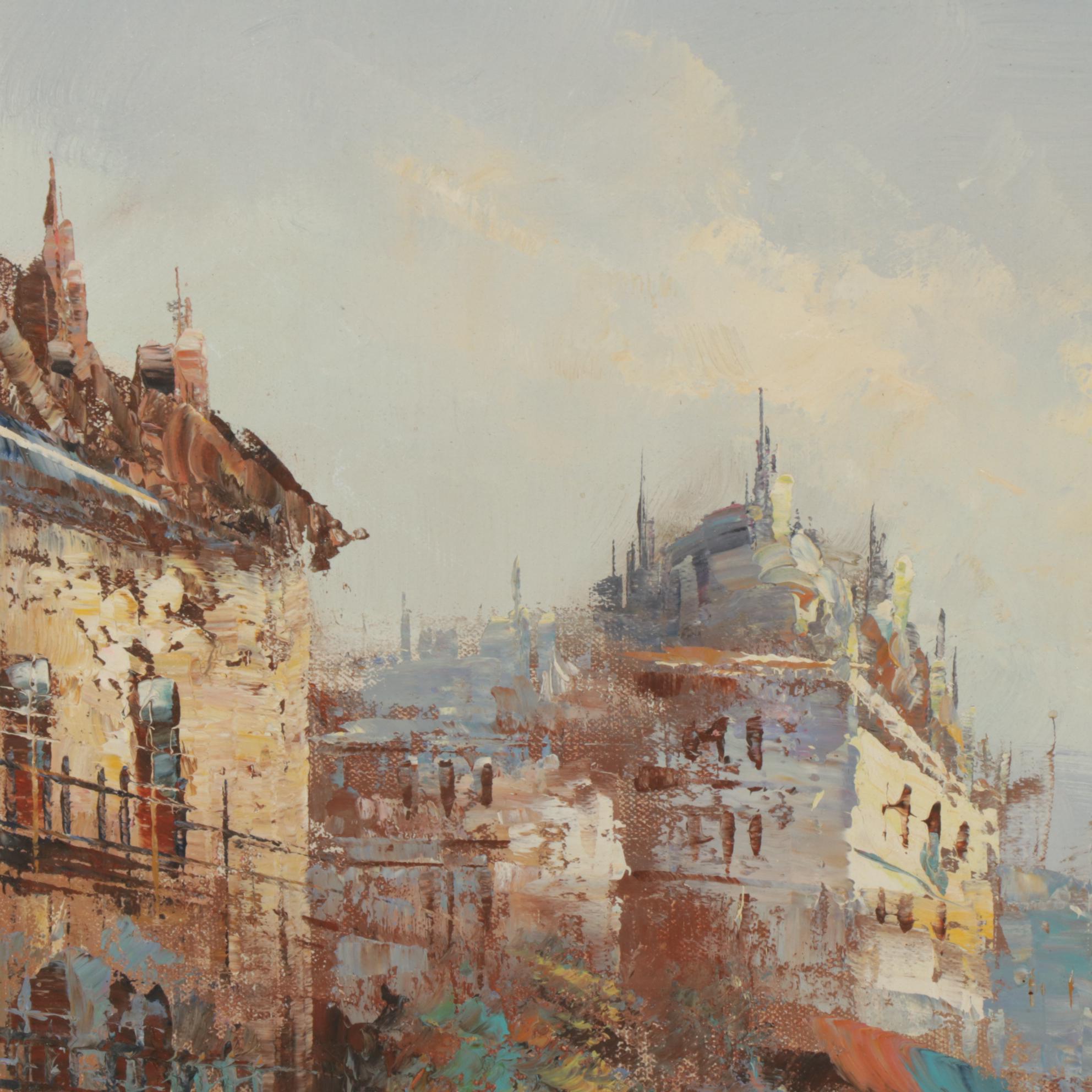 European City Street Scene Oil Painting In Mirrored Frame, Late 20th Century