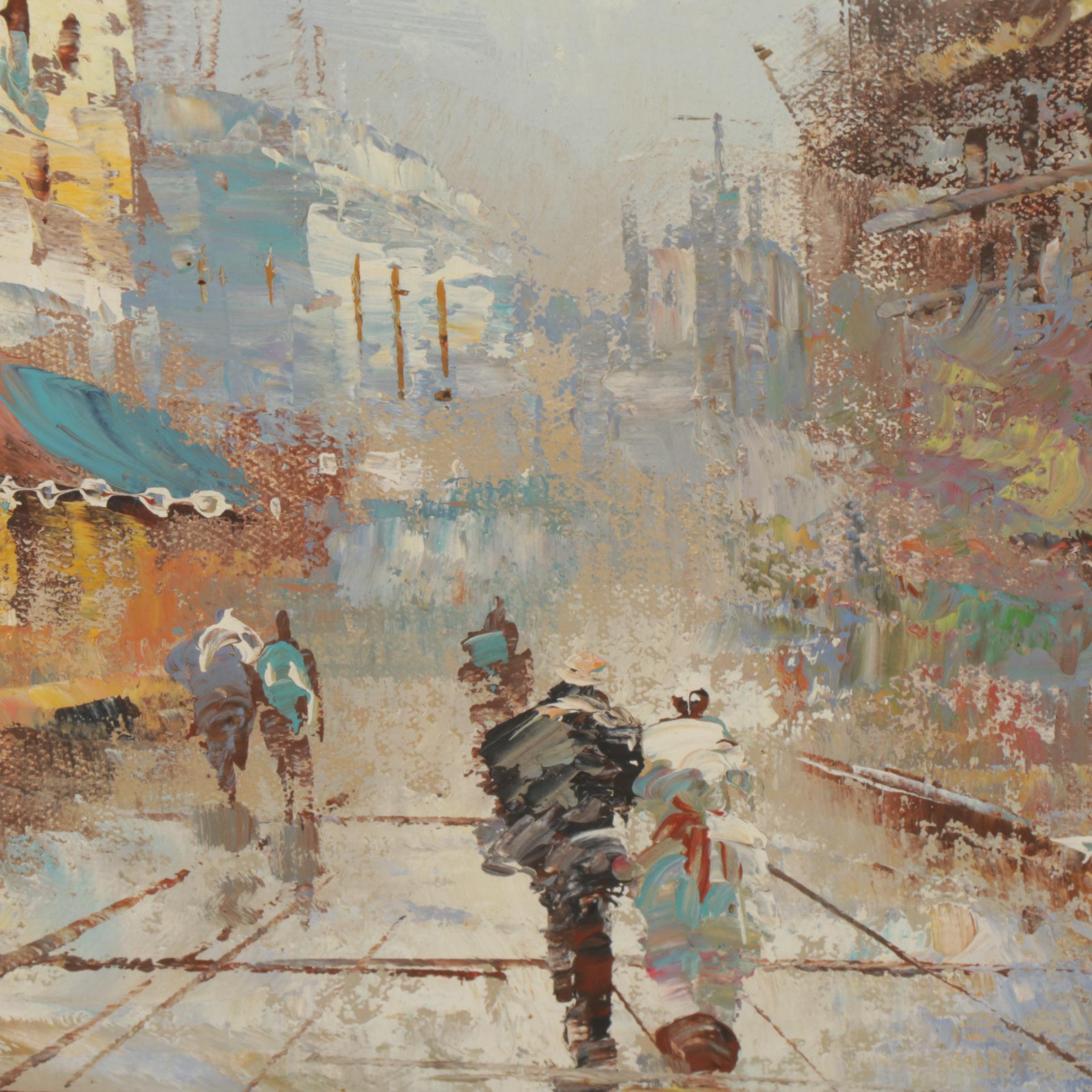 European City Street Scene Oil Painting In Mirrored Frame, Late 20th Century