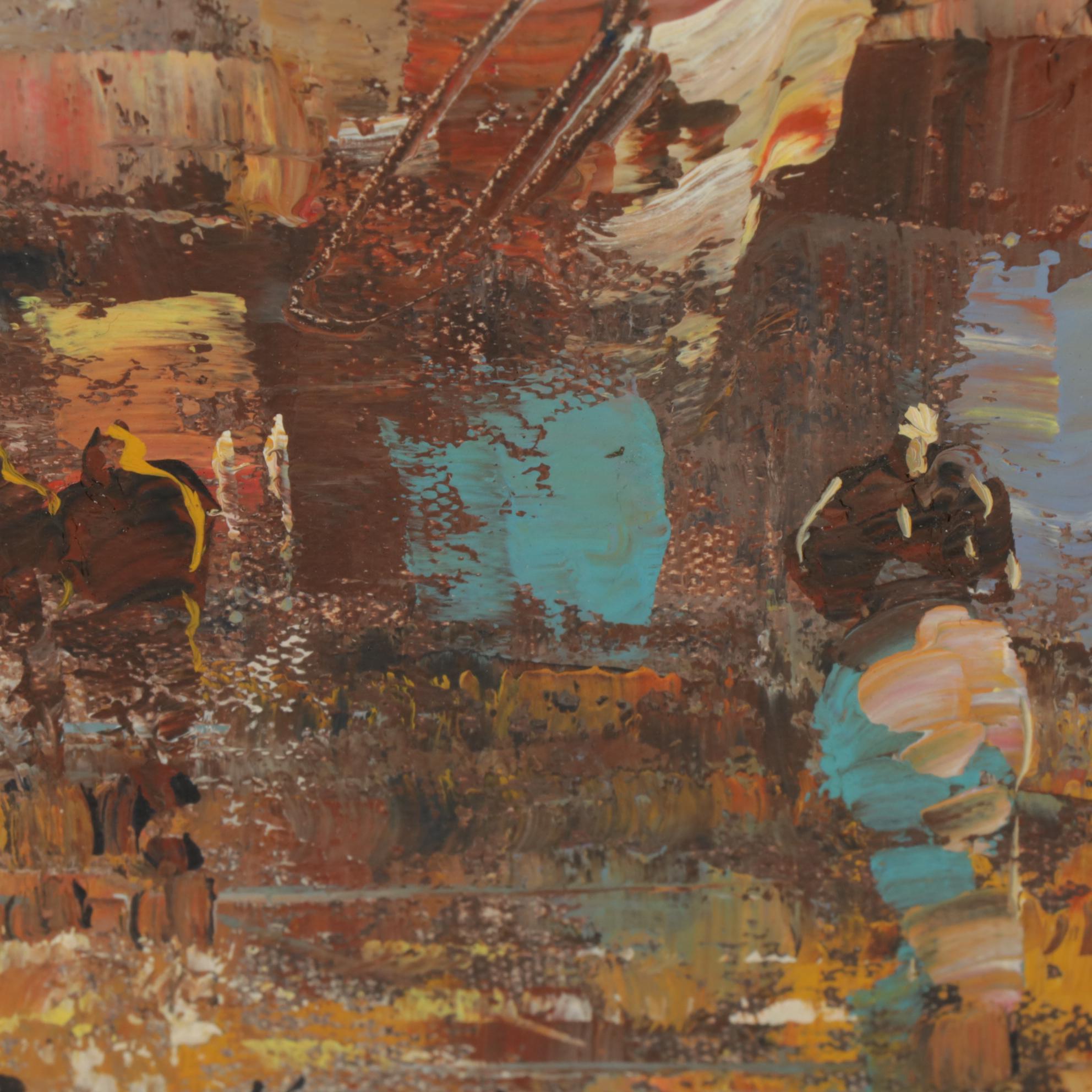 European City Street Scene Oil Painting In Mirrored Frame, Late 20th Century