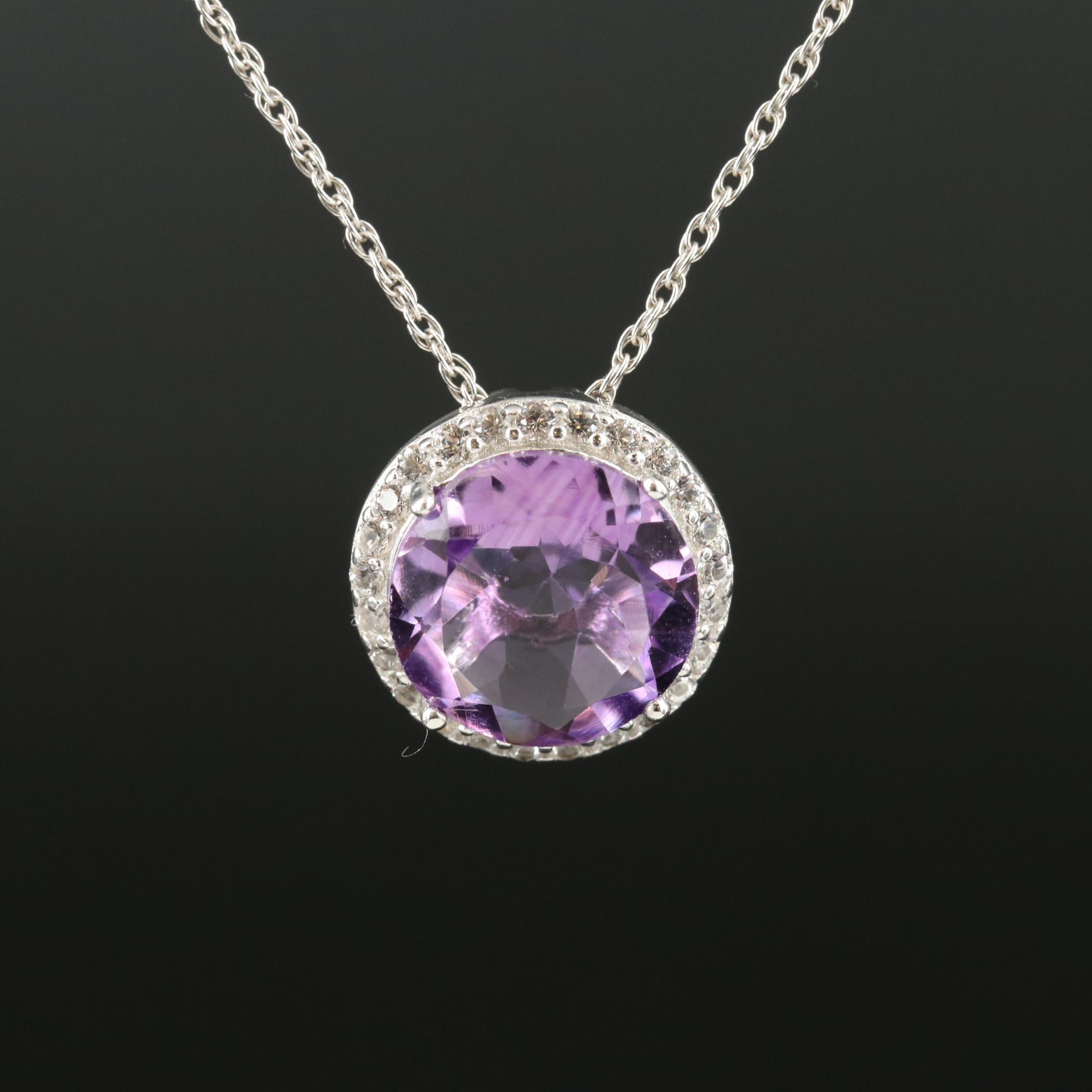 Sterling Amethyst and Sapphire Halo Pendant Necklace