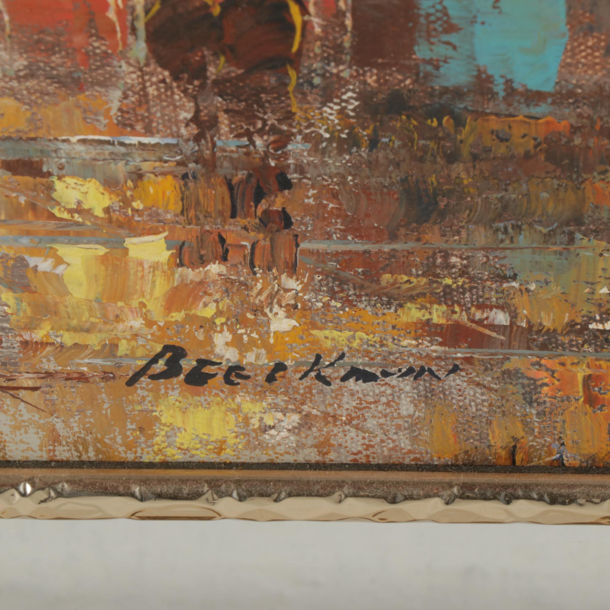 European City Street Scene Oil Painting In Mirrored Frame, Late 20th Century