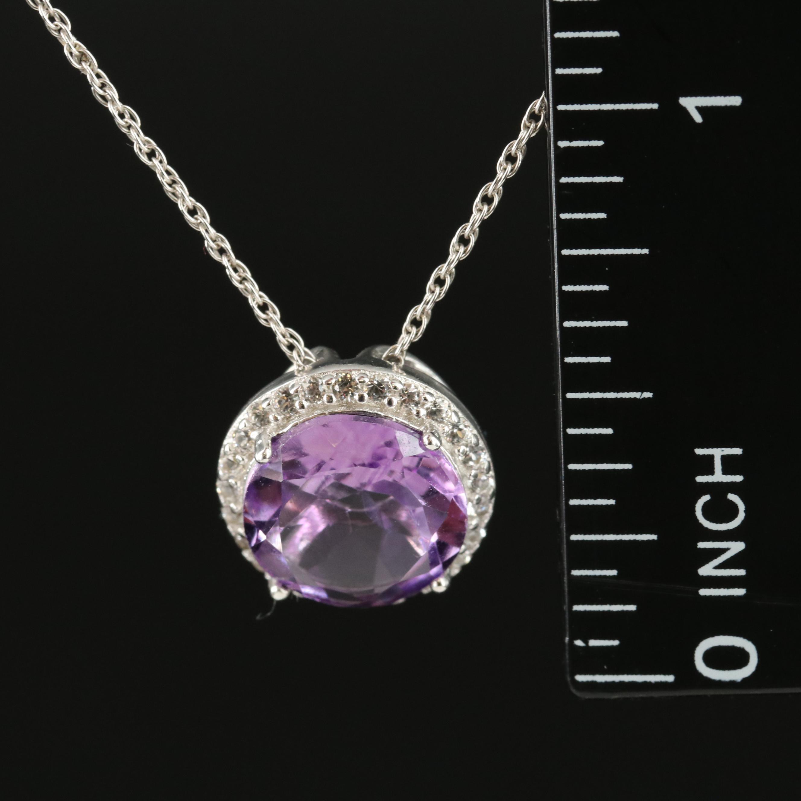 Sterling Amethyst and Sapphire Halo Pendant Necklace