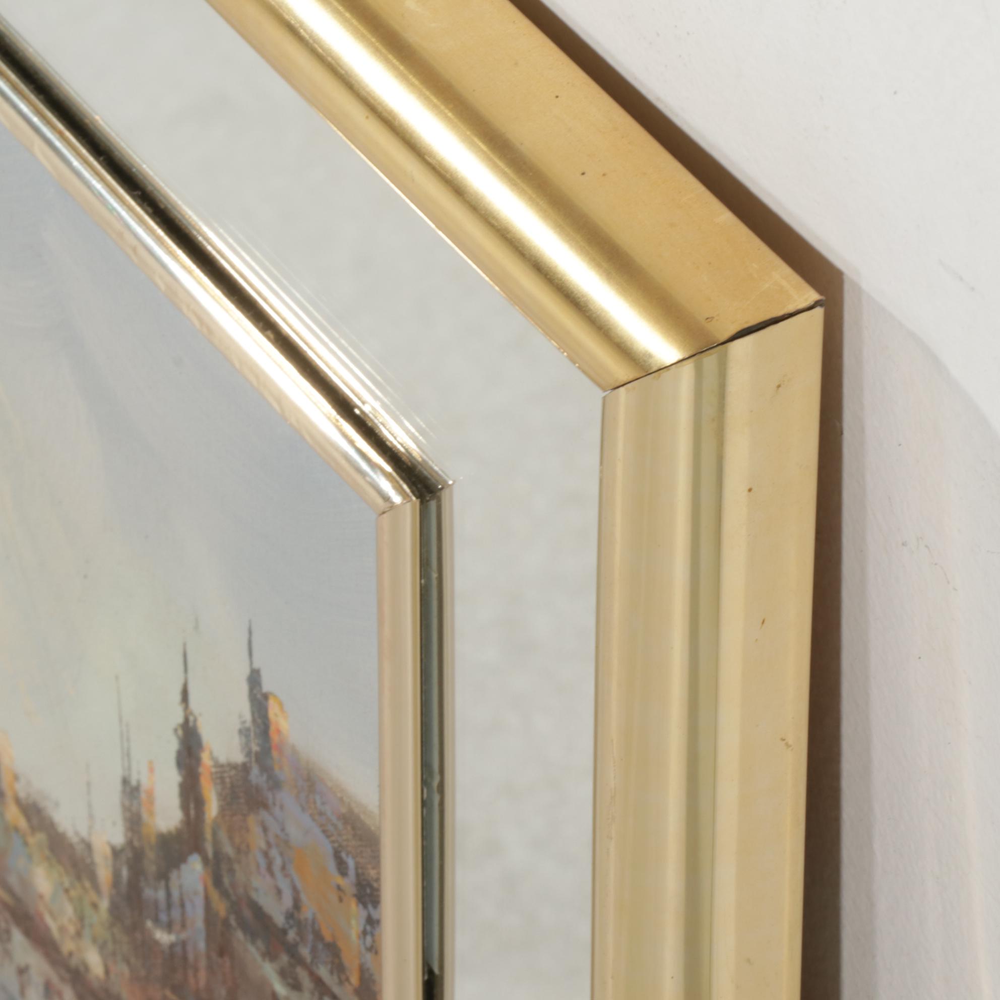 European City Street Scene Oil Painting In Mirrored Frame, Late 20th Century