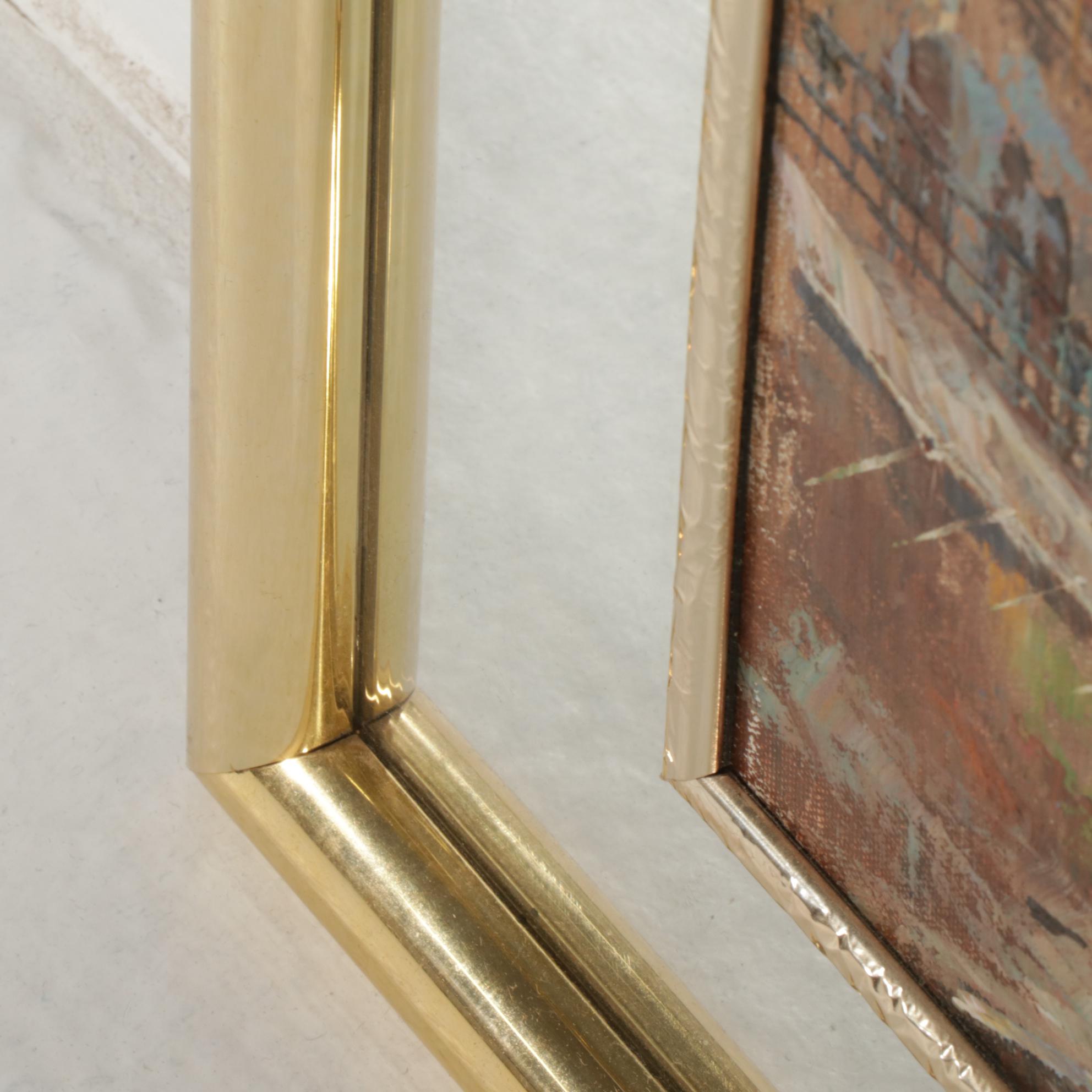 European City Street Scene Oil Painting In Mirrored Frame, Late 20th Century