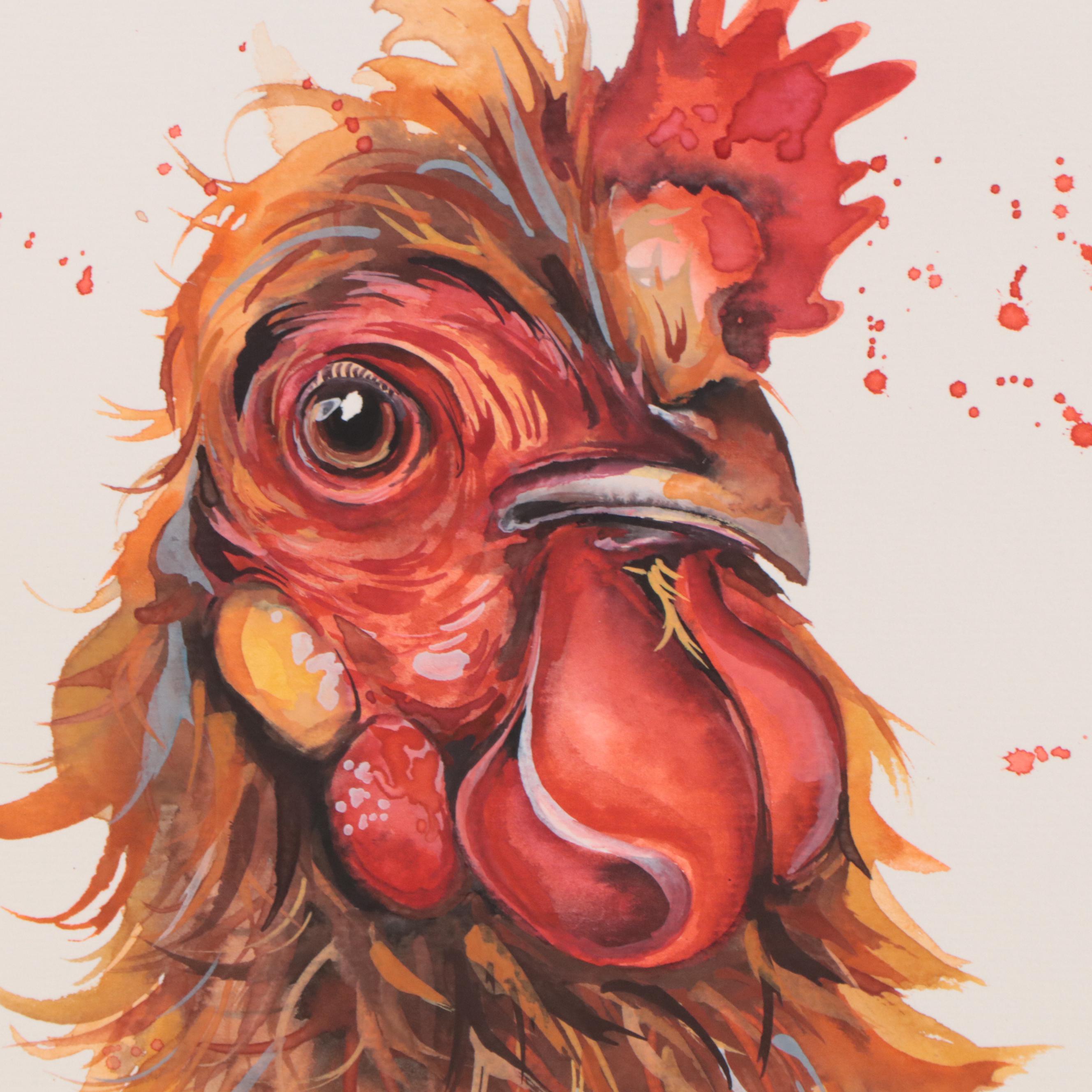 Anne Gorywine Watercolor Painting of Rooster, 21st Century