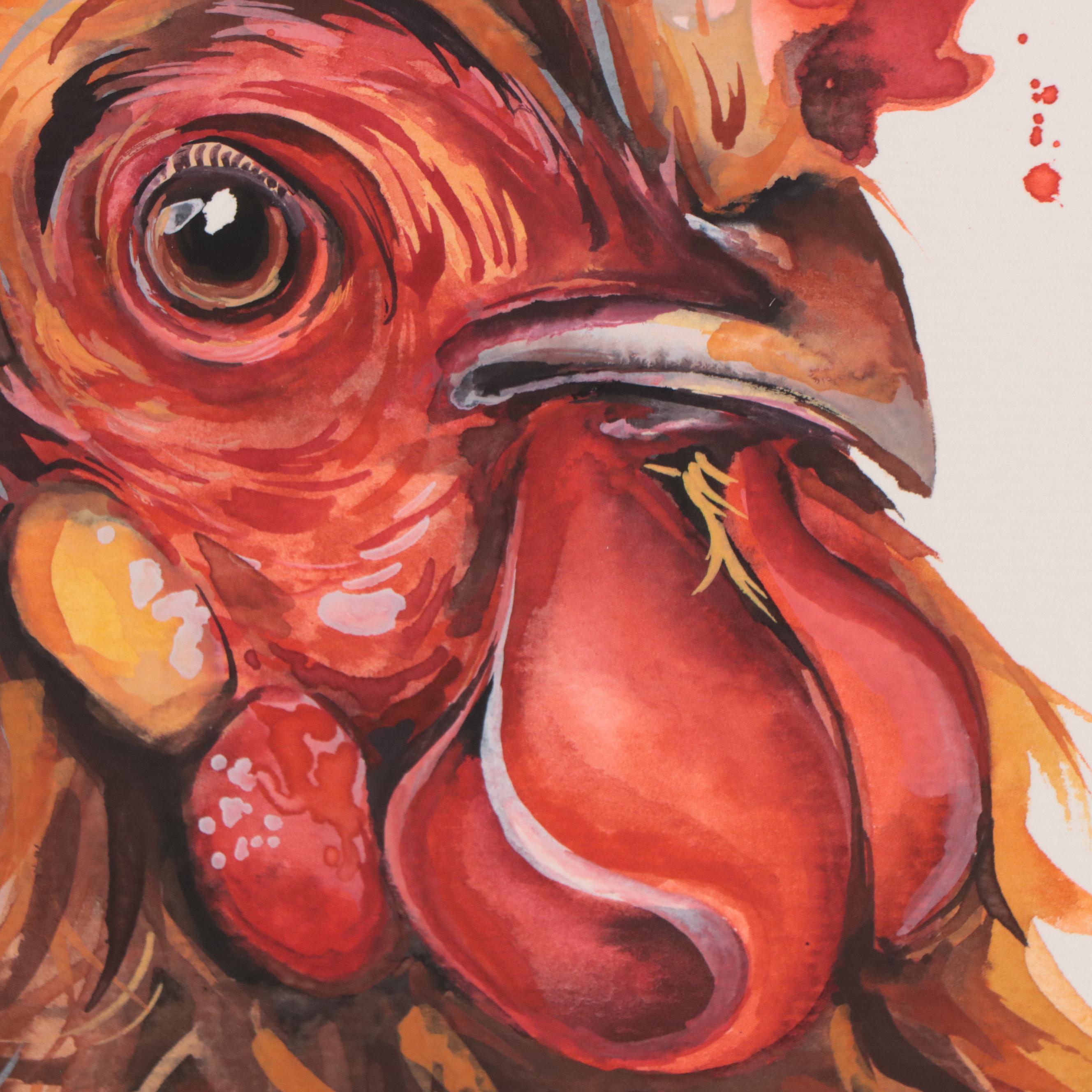 Anne Gorywine Watercolor Painting of Rooster, 21st Century