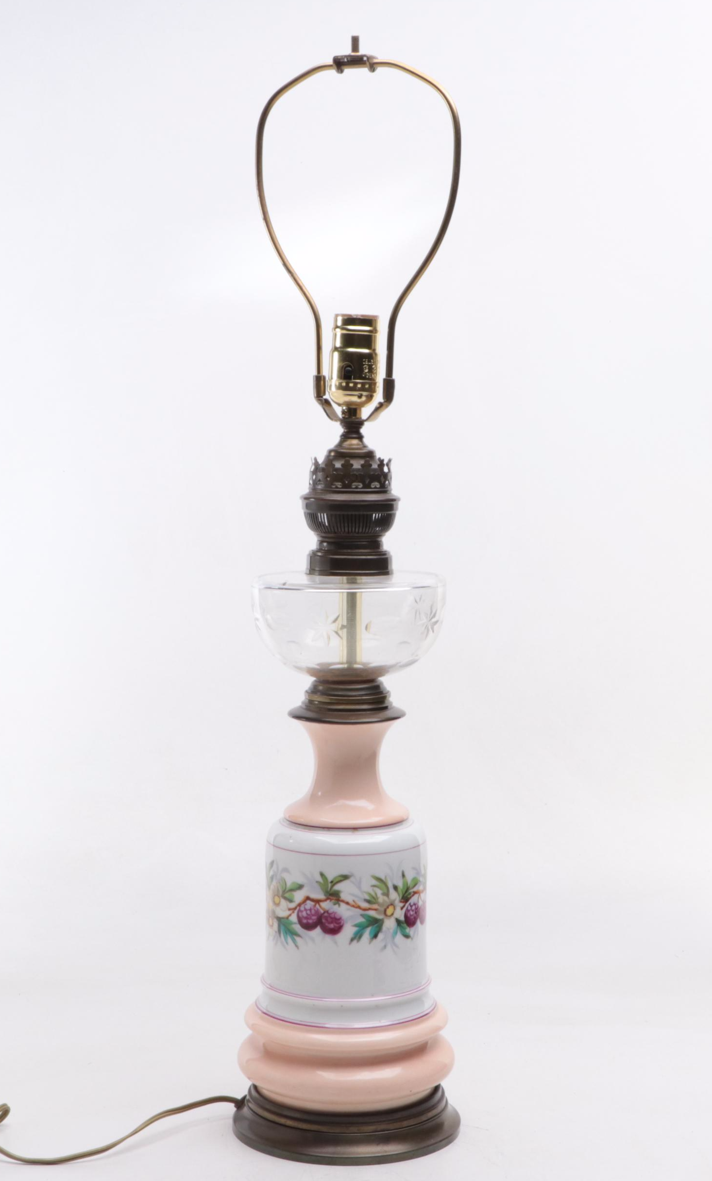 French BEC Matador Provincial Porcelain and Glass Oil Lamp Adapted as Table Lamp