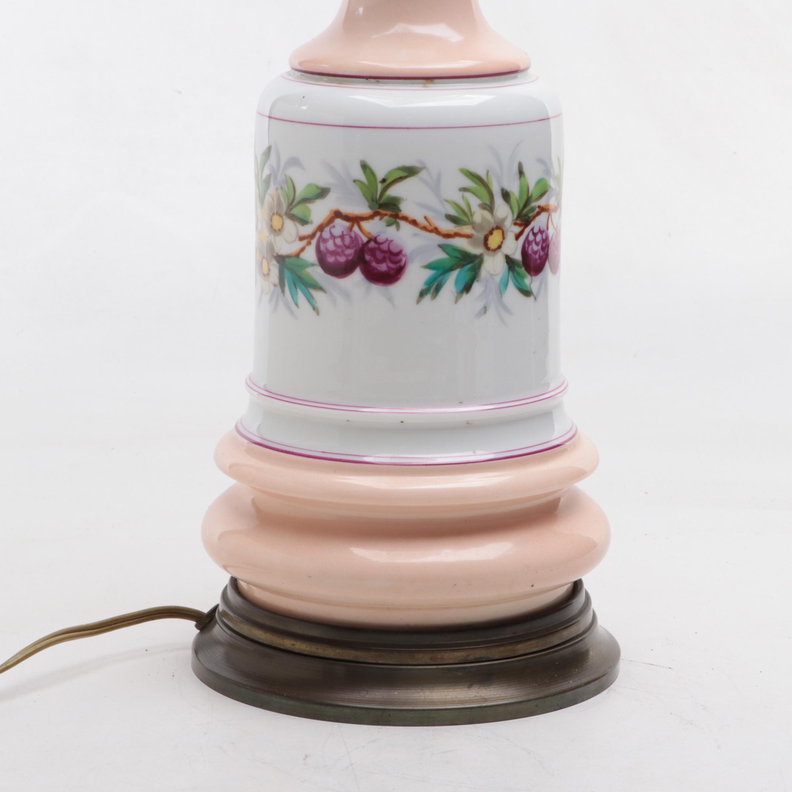 French BEC Matador Provincial Porcelain and Glass Oil Lamp Adapted as Table Lamp