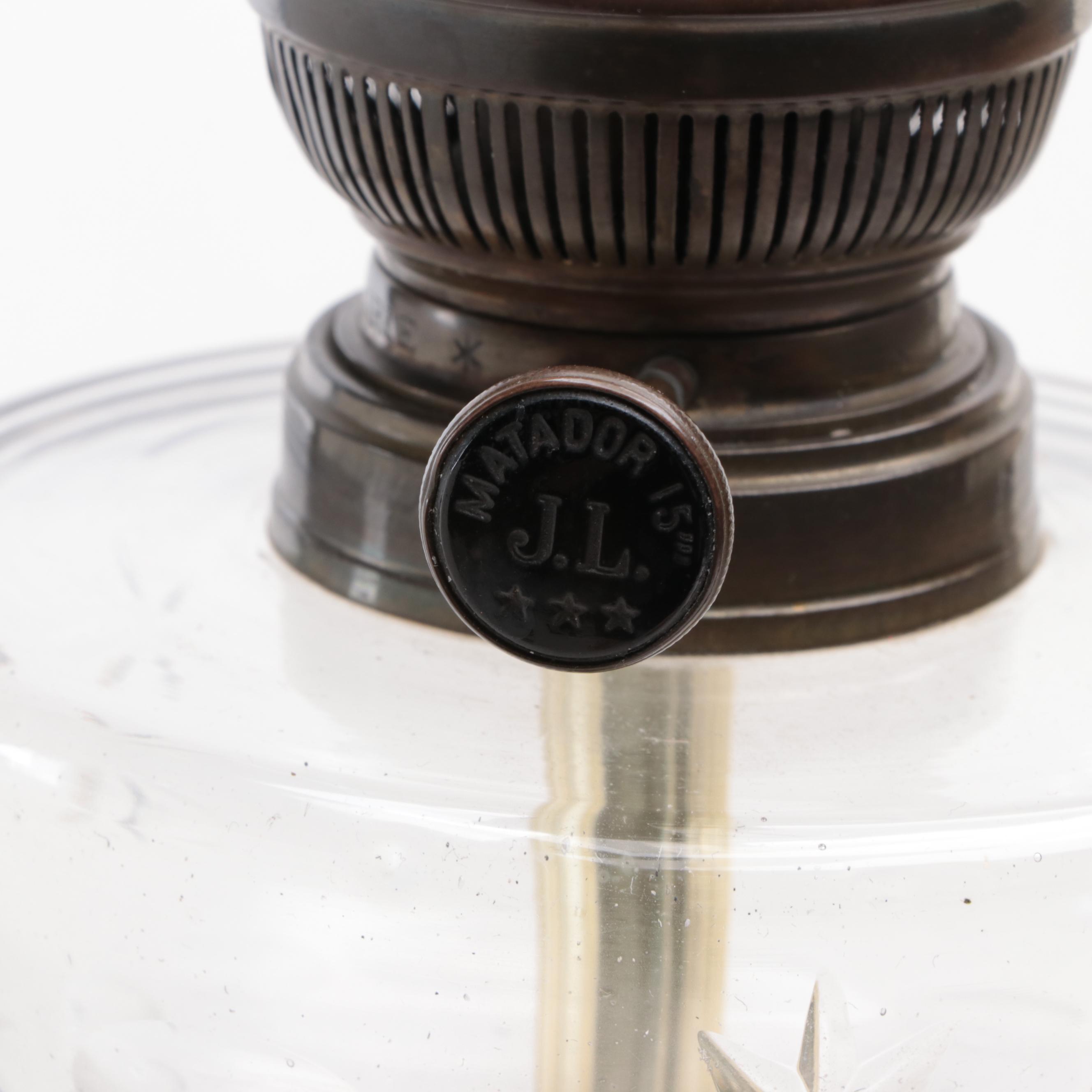 French BEC Matador Provincial Porcelain and Glass Oil Lamp Adapted as Table Lamp