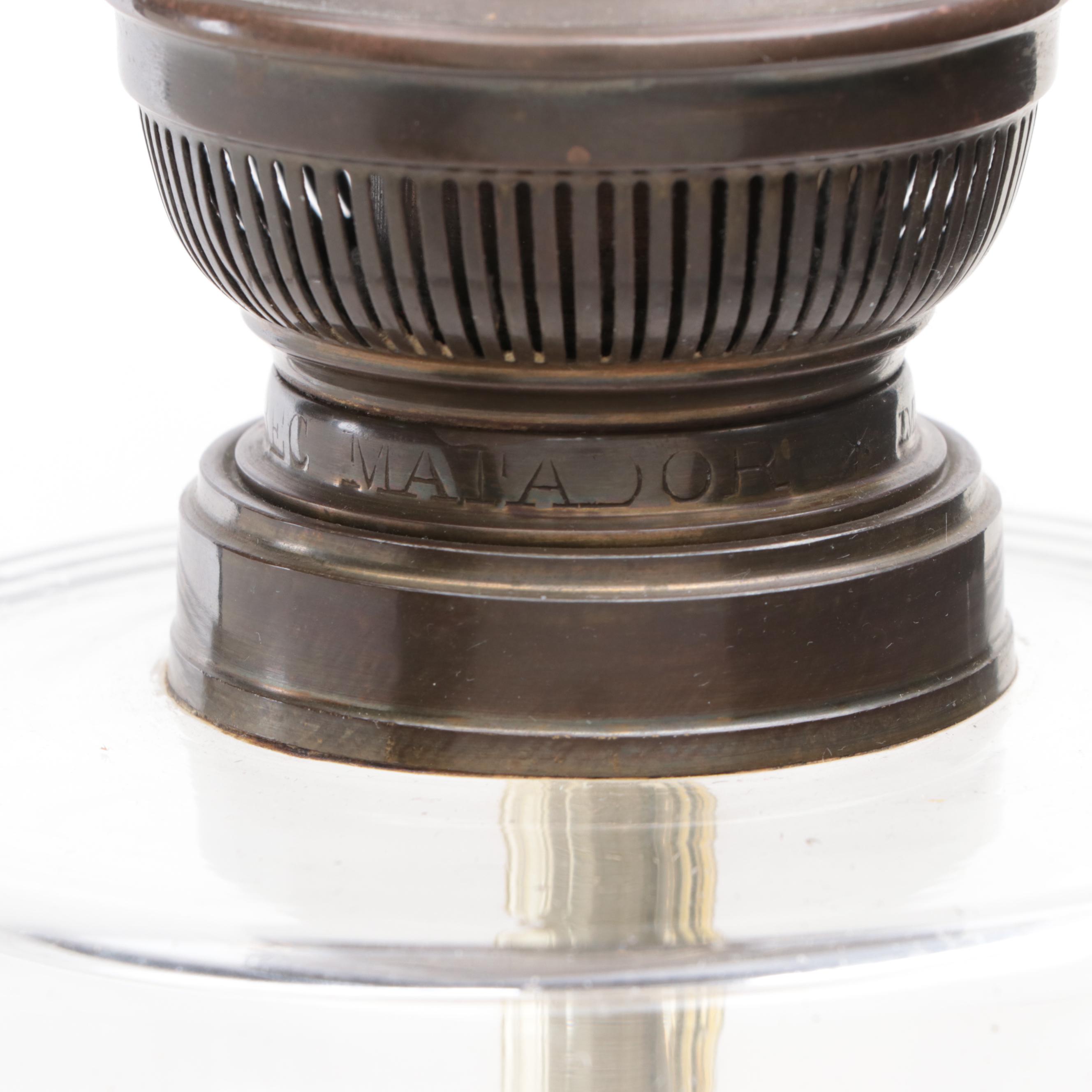 French BEC Matador Provincial Porcelain and Glass Oil Lamp Adapted as Table Lamp