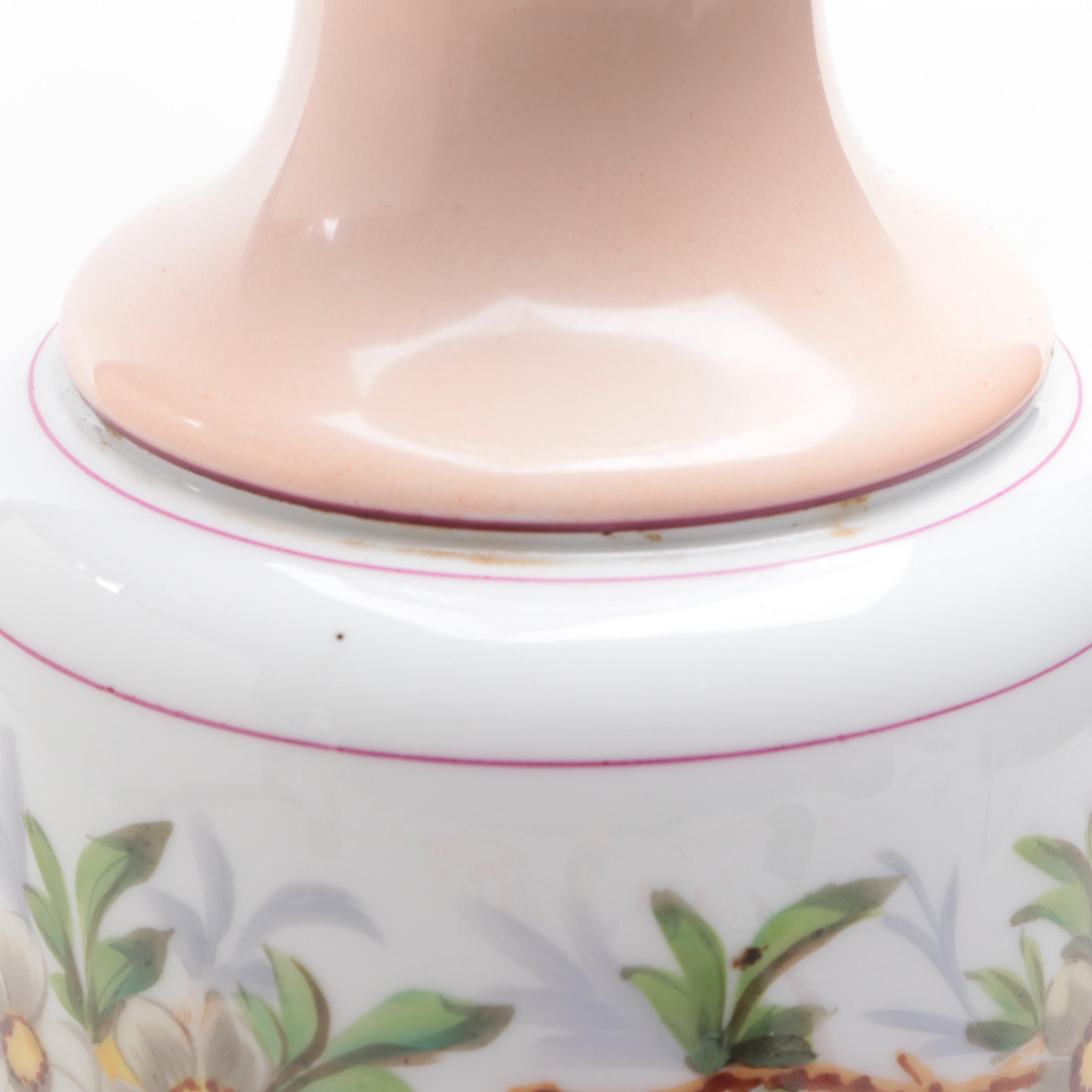 French BEC Matador Provincial Porcelain and Glass Oil Lamp Adapted as Table Lamp